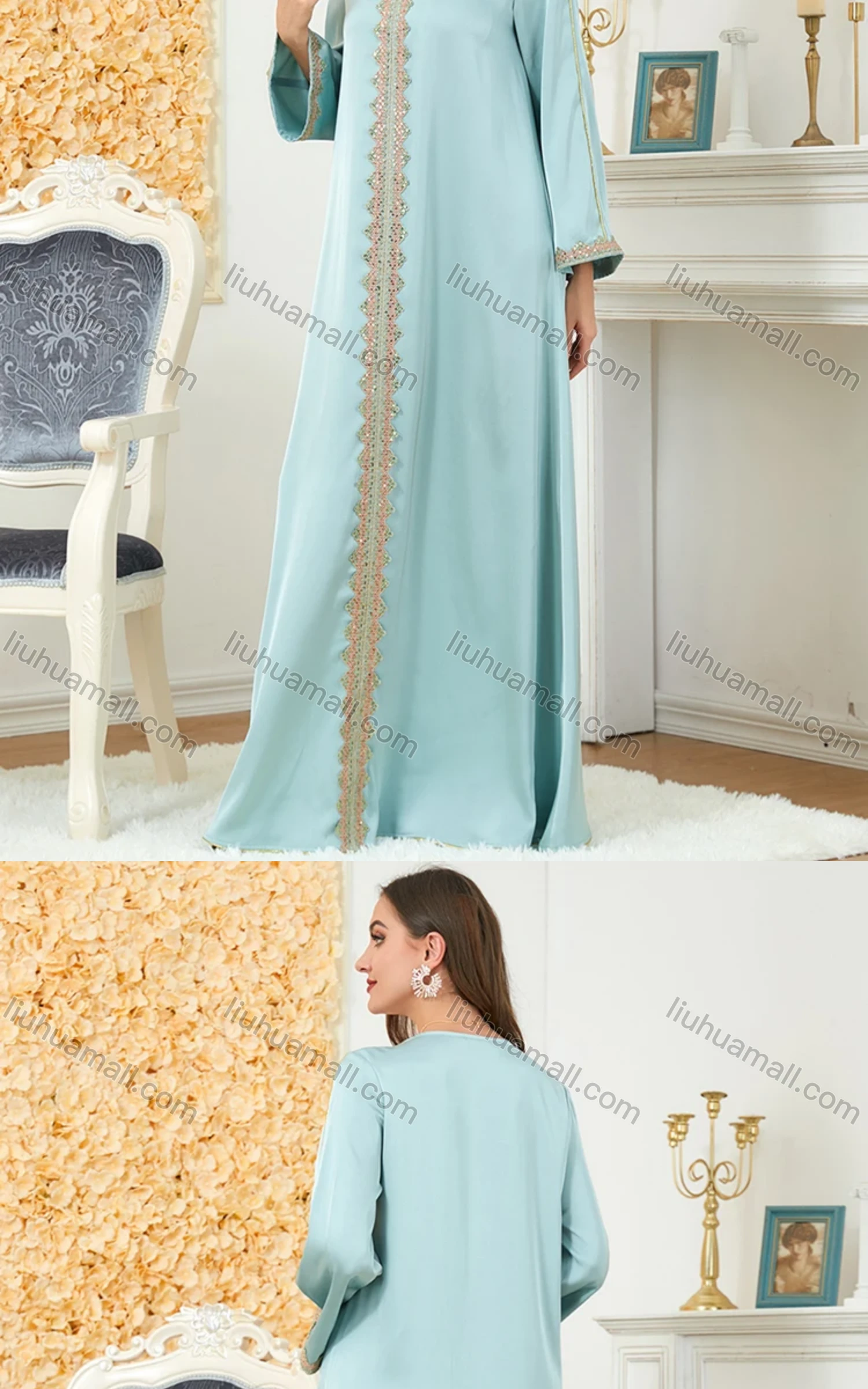 Wholesale Women's Muslim Islamic V Neck Embroidery Long Sleeve Abaya Maxi Dress 3148# - Liuhuamall