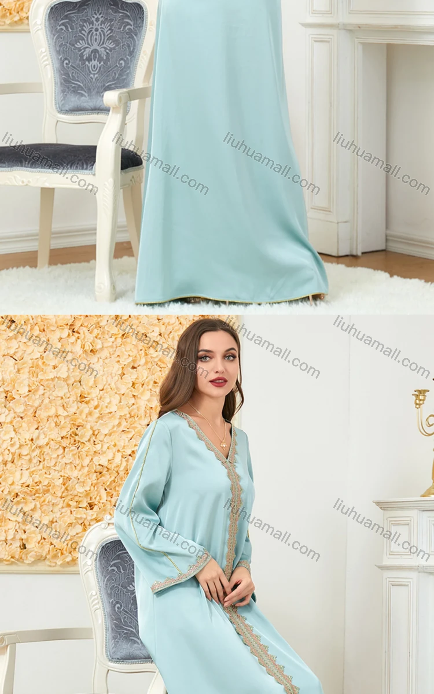 Wholesale Women's Muslim Islamic V Neck Embroidery Long Sleeve Abaya Maxi Dress 3148# - Liuhuamall