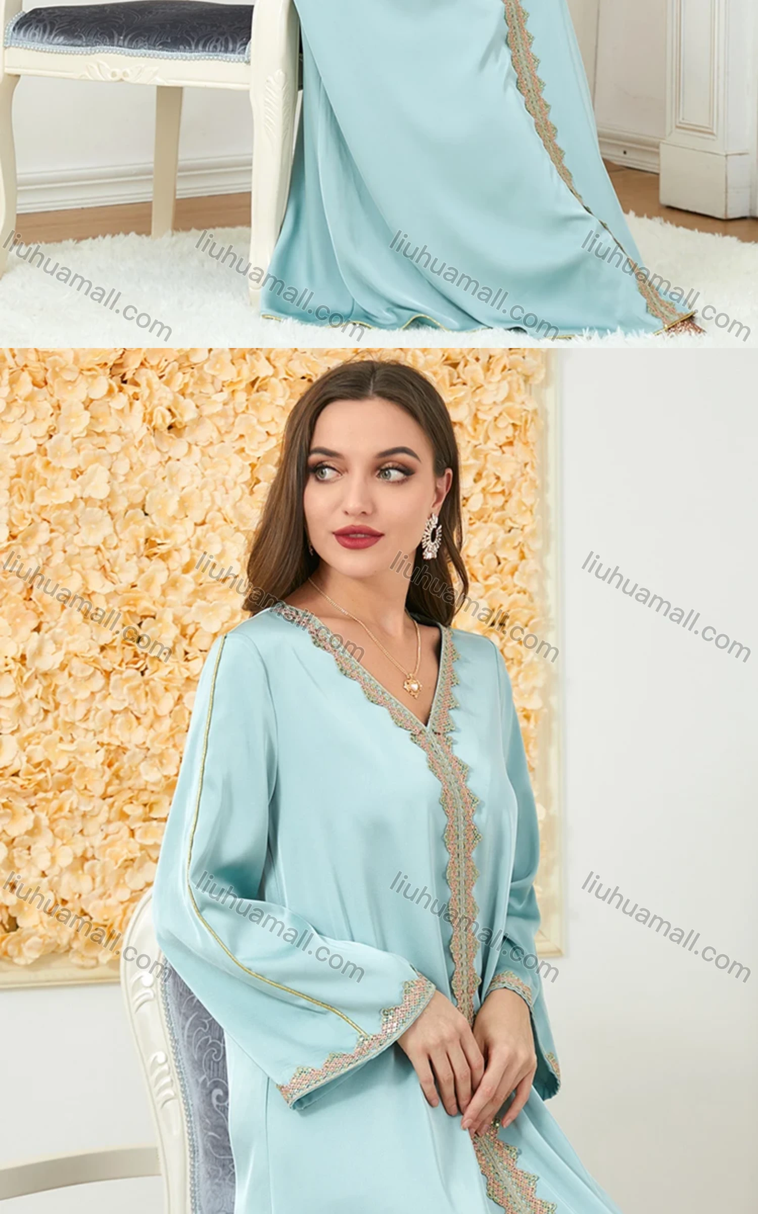 Wholesale Women's Muslim Islamic V Neck Embroidery Long Sleeve Abaya Maxi Dress 3148# - Liuhuamall