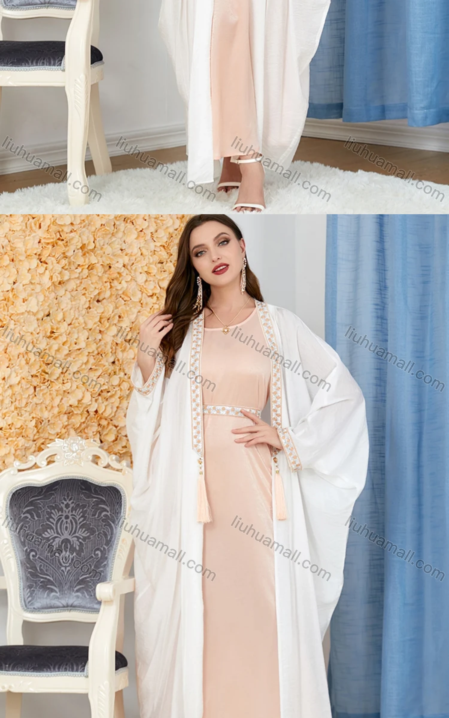 Wholesale Women's Muslim Islamic Tassel Embroidery Robe Cardigan & Dress 2-piece Set 3190# - Liuhuamall