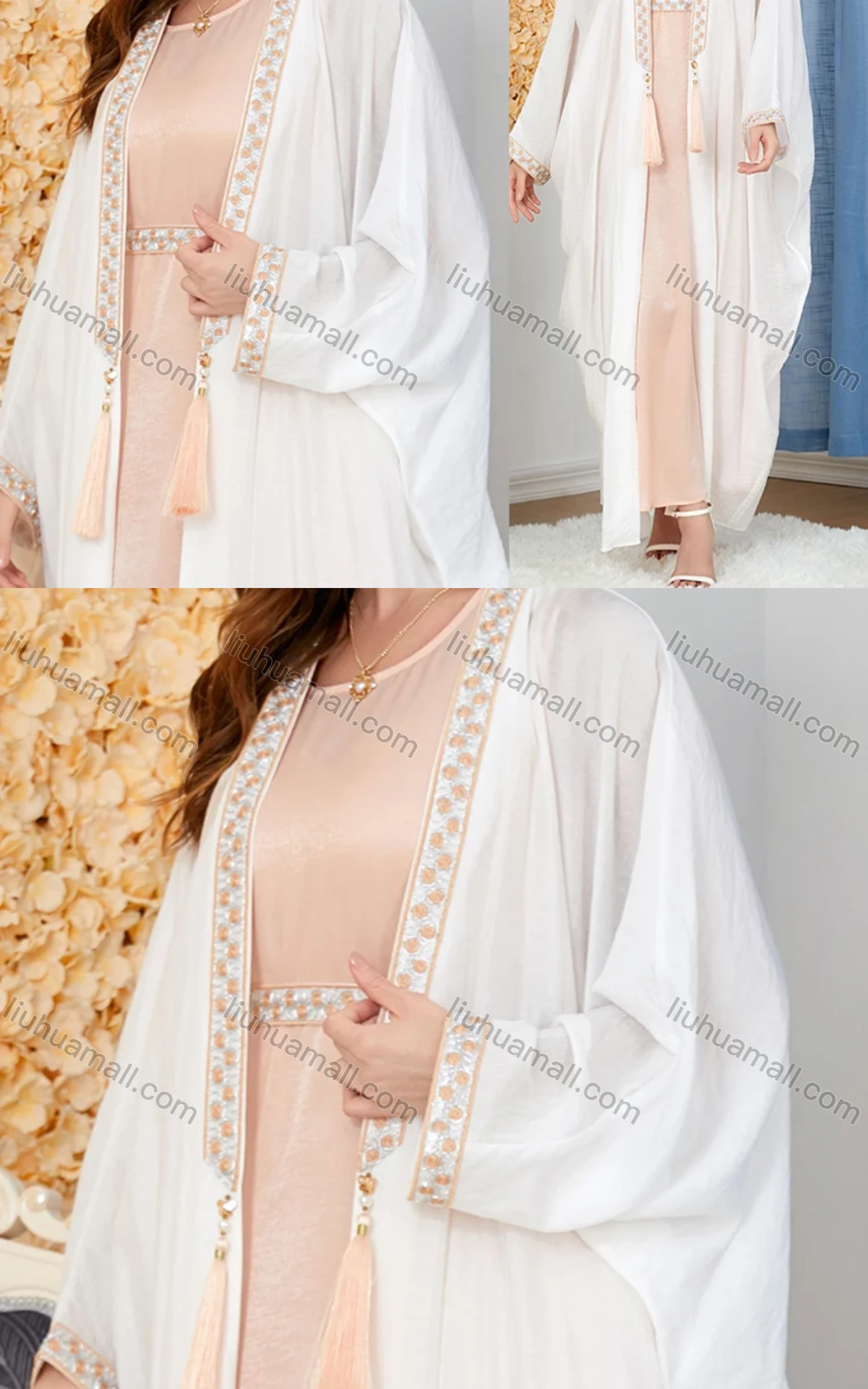 Wholesale Women's Muslim Islamic Tassel Embroidery Robe Cardigan & Dress 2-piece Set 3190# - Liuhuamall