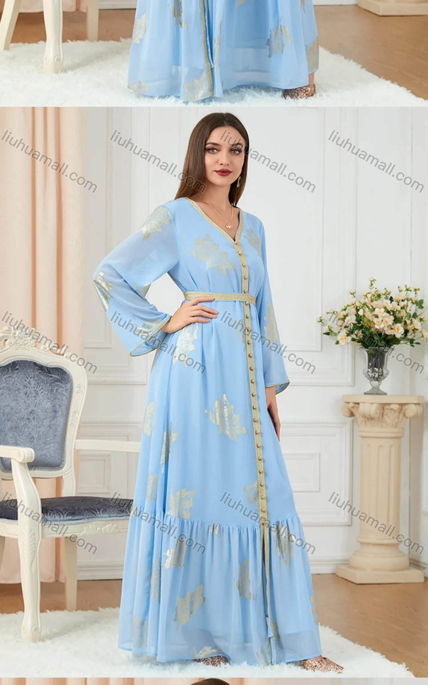 Wholesale Women's Arabic Muslim V Neck Embroidery Bronzed Print Dubai Abaya Maxi Dress 3203# - Liuhuamall