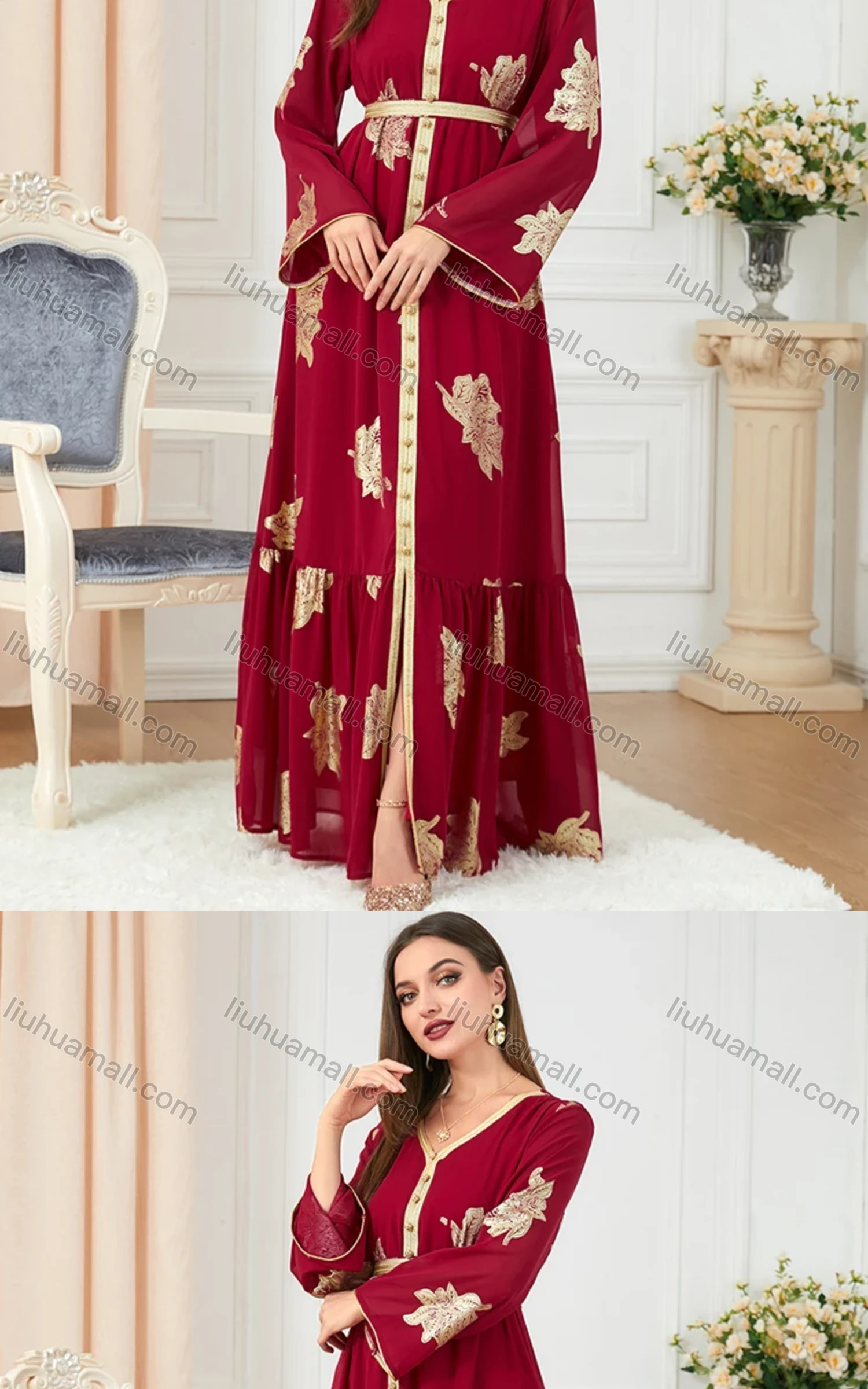 Wholesale Women's Arabic Muslim V Neck Embroidery Bronzed Print Dubai Abaya Maxi Dress 3203# - Liuhuamall