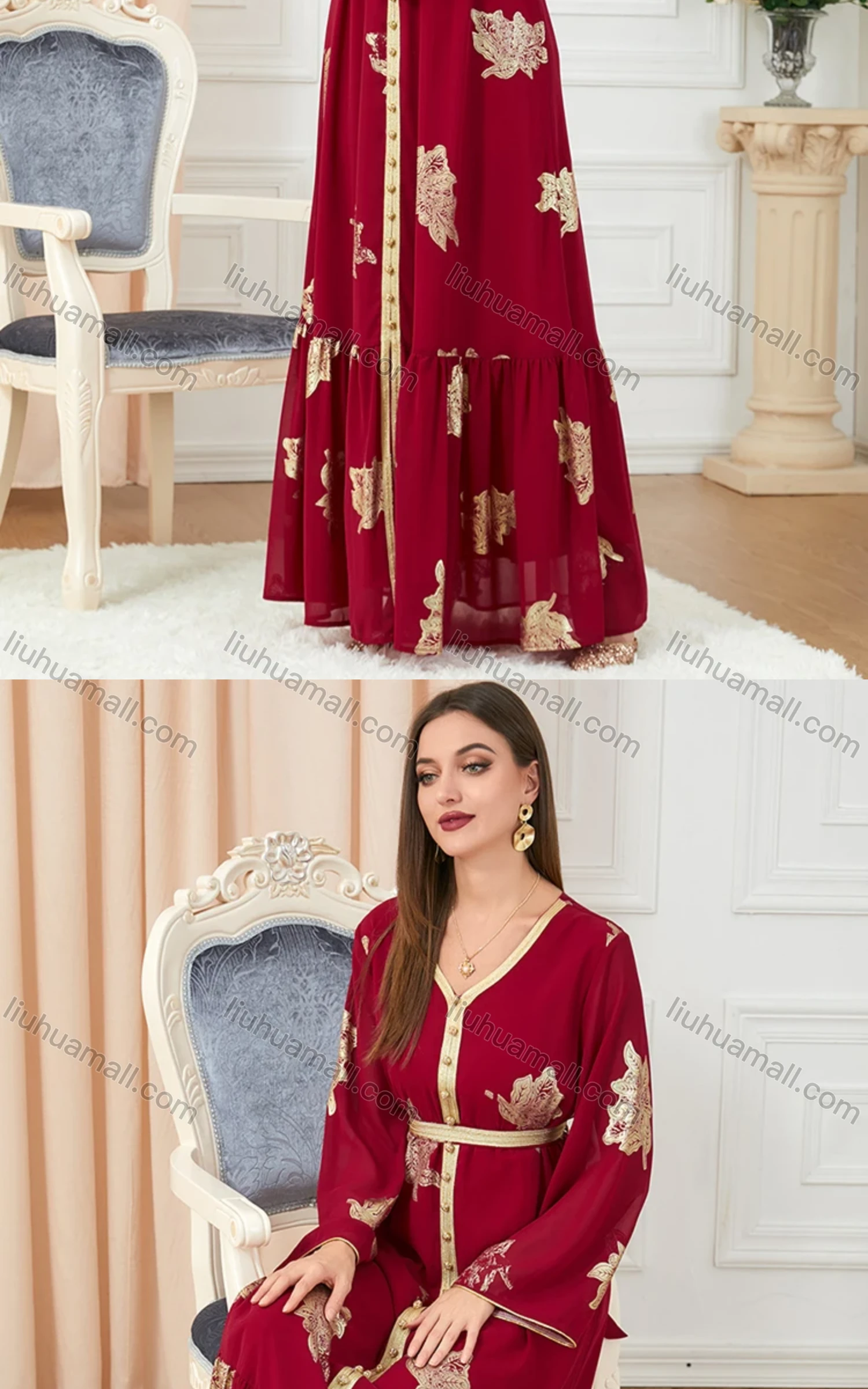 Wholesale Women's Arabic Muslim V Neck Embroidery Bronzed Print Dubai Abaya Maxi Dress 3203# - Liuhuamall