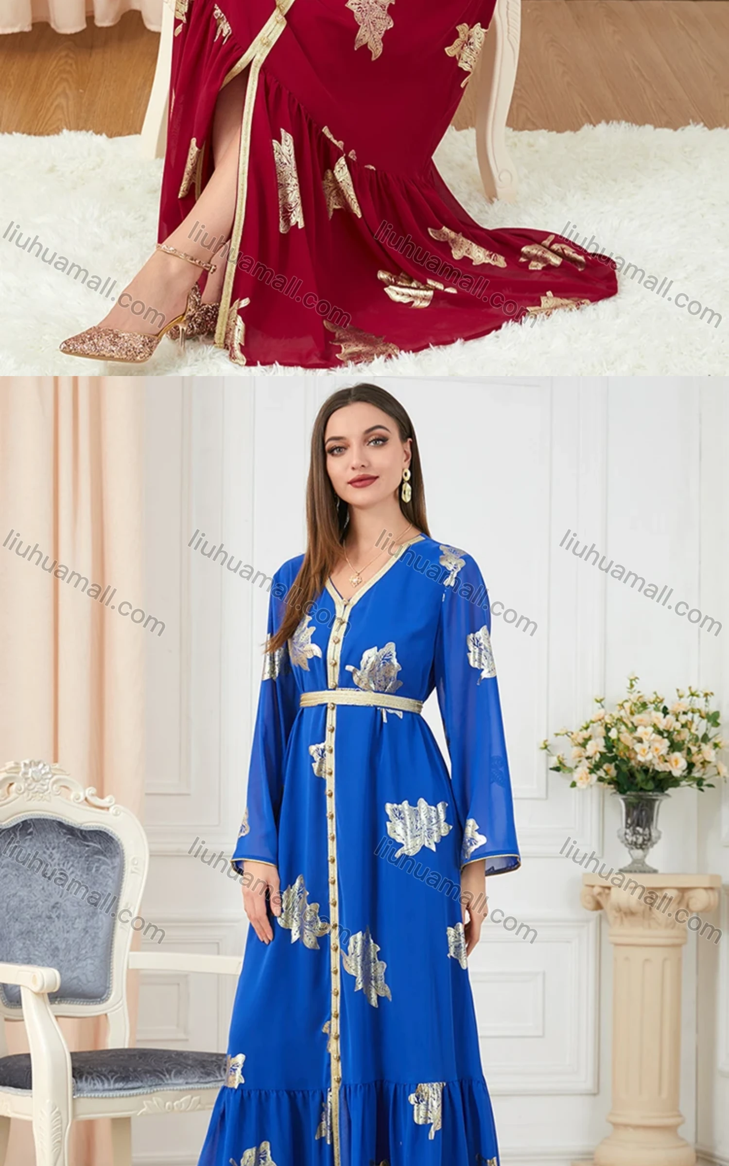 Wholesale Women's Arabic Muslim V Neck Embroidery Bronzed Print Dubai Abaya Maxi Dress 3203# - Liuhuamall