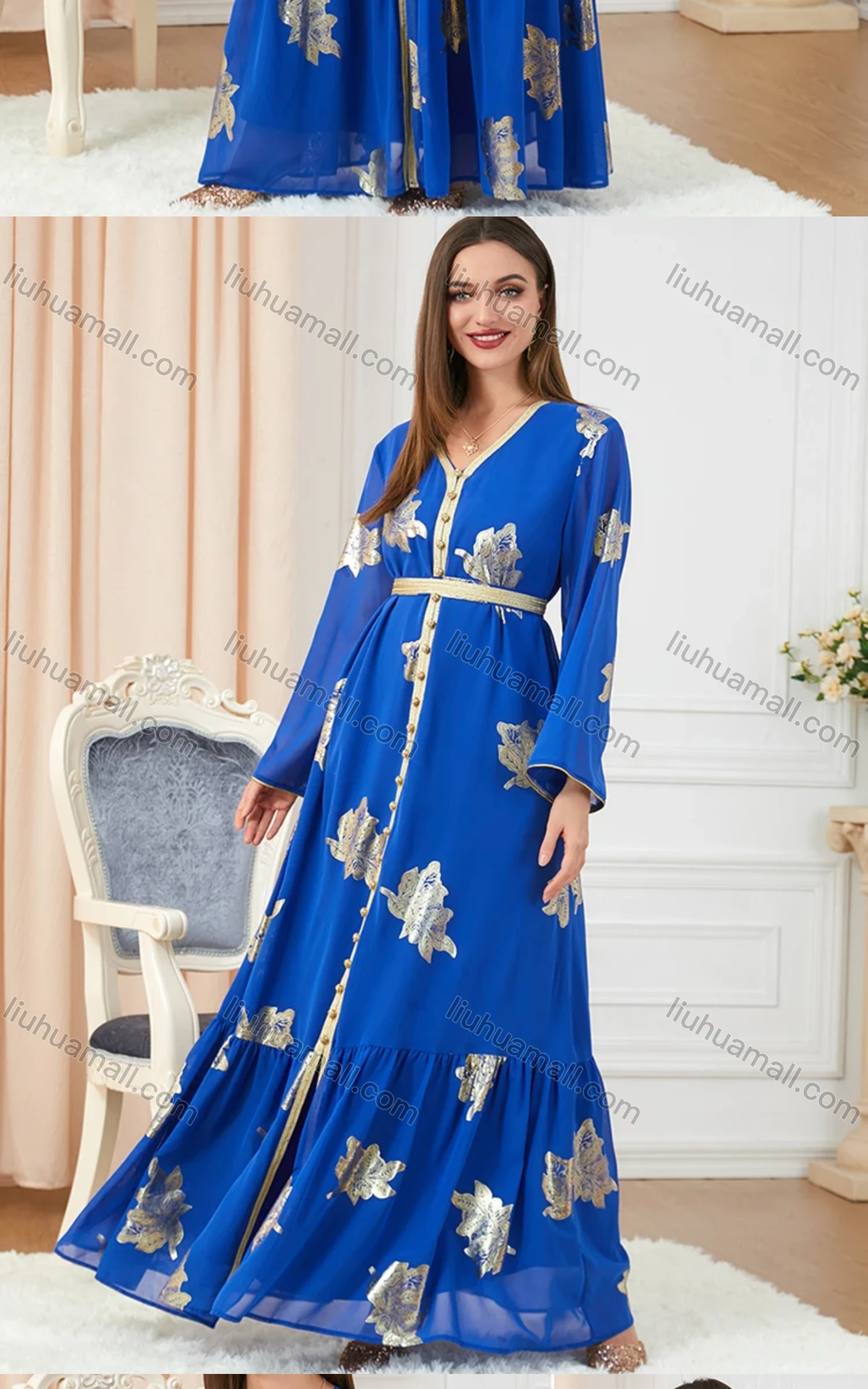 Wholesale Women's Arabic Muslim V Neck Embroidery Bronzed Print Dubai Abaya Maxi Dress 3203# - Liuhuamall