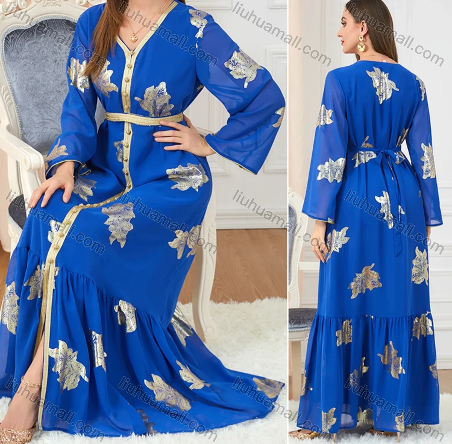 Wholesale Women's Arabic Muslim V Neck Embroidery Bronzed Print Dubai Abaya Maxi Dress 3203# - Liuhuamall