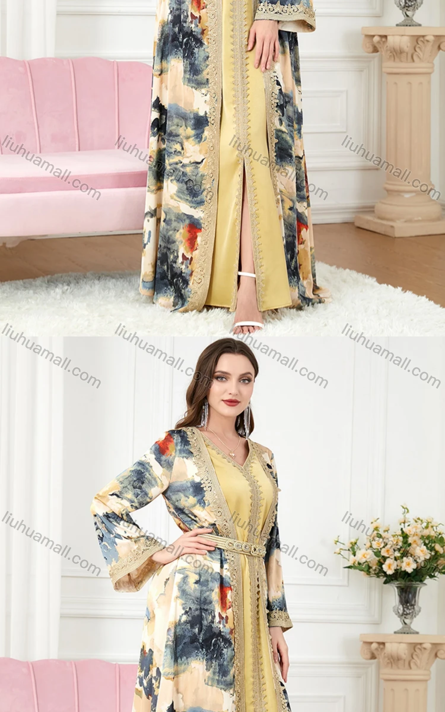 Wholesale Women's Muslim Islamic Embroidery Robe Cardigan & Dress 2-piece Set 3218# - Liuhuamall