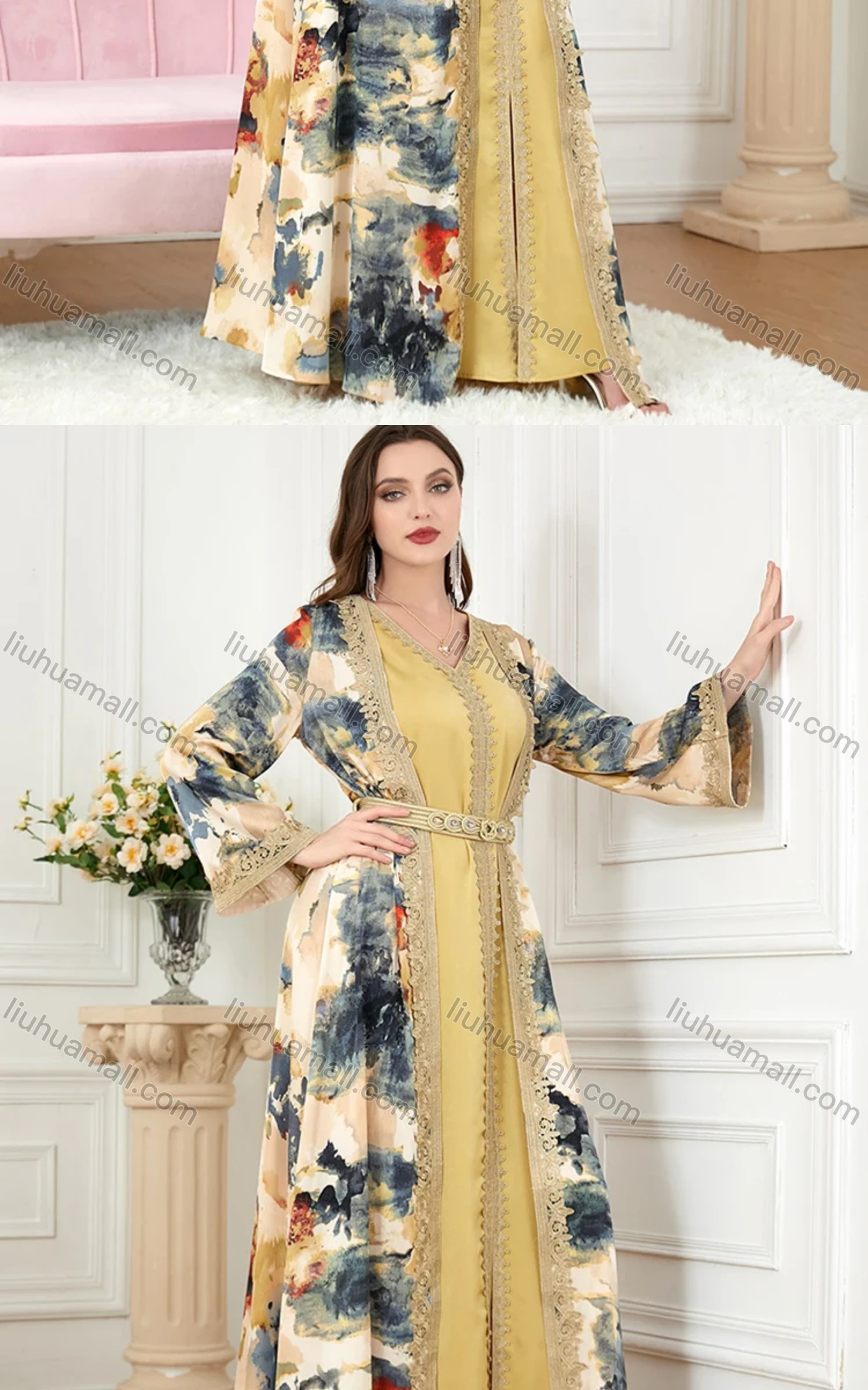 Wholesale Women's Muslim Islamic Embroidery Robe Cardigan & Dress 2-piece Set 3218# - Liuhuamall