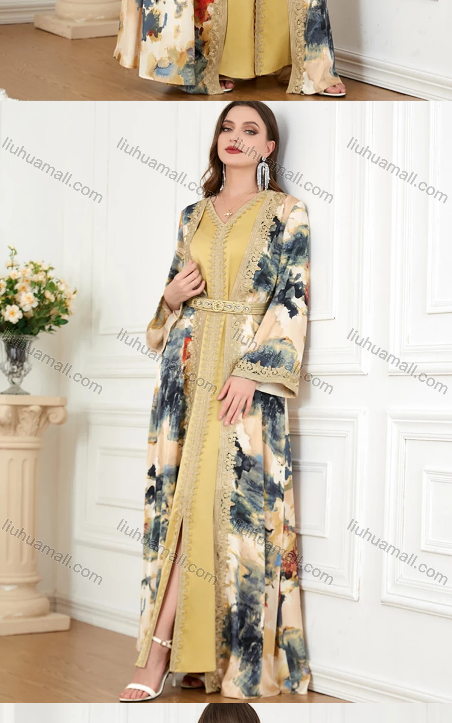 Wholesale Women's Muslim Islamic Embroidery Robe Cardigan & Dress 2-piece Set 3218# - Liuhuamall