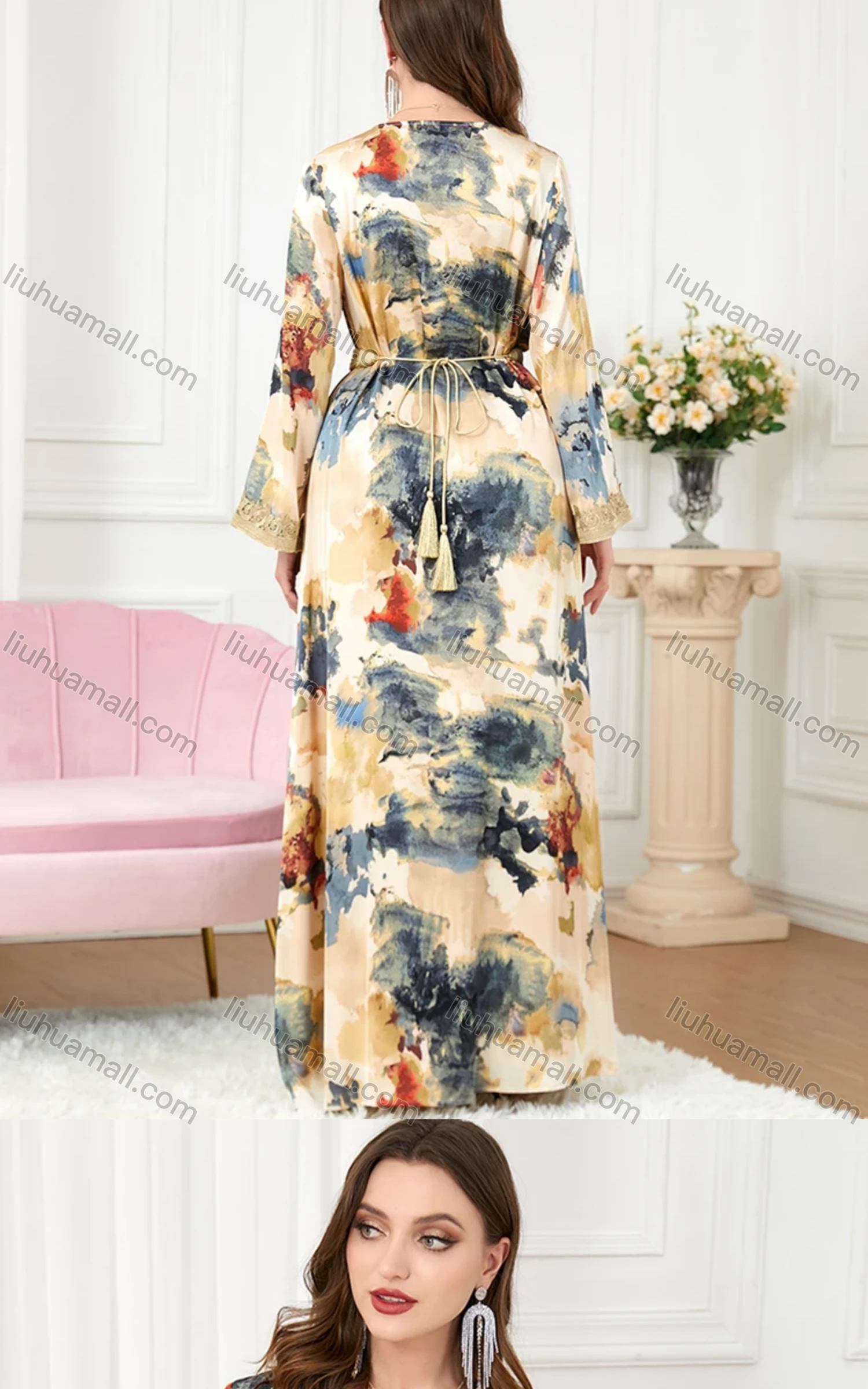 Wholesale Women's Muslim Islamic Embroidery Robe Cardigan & Dress 2-piece Set 3218# - Liuhuamall