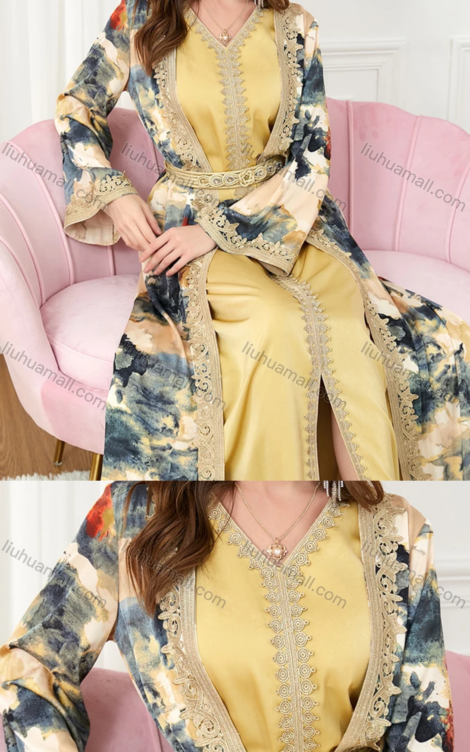 Wholesale Women's Muslim Islamic Embroidery Robe Cardigan & Dress 2-piece Set 3218# - Liuhuamall
