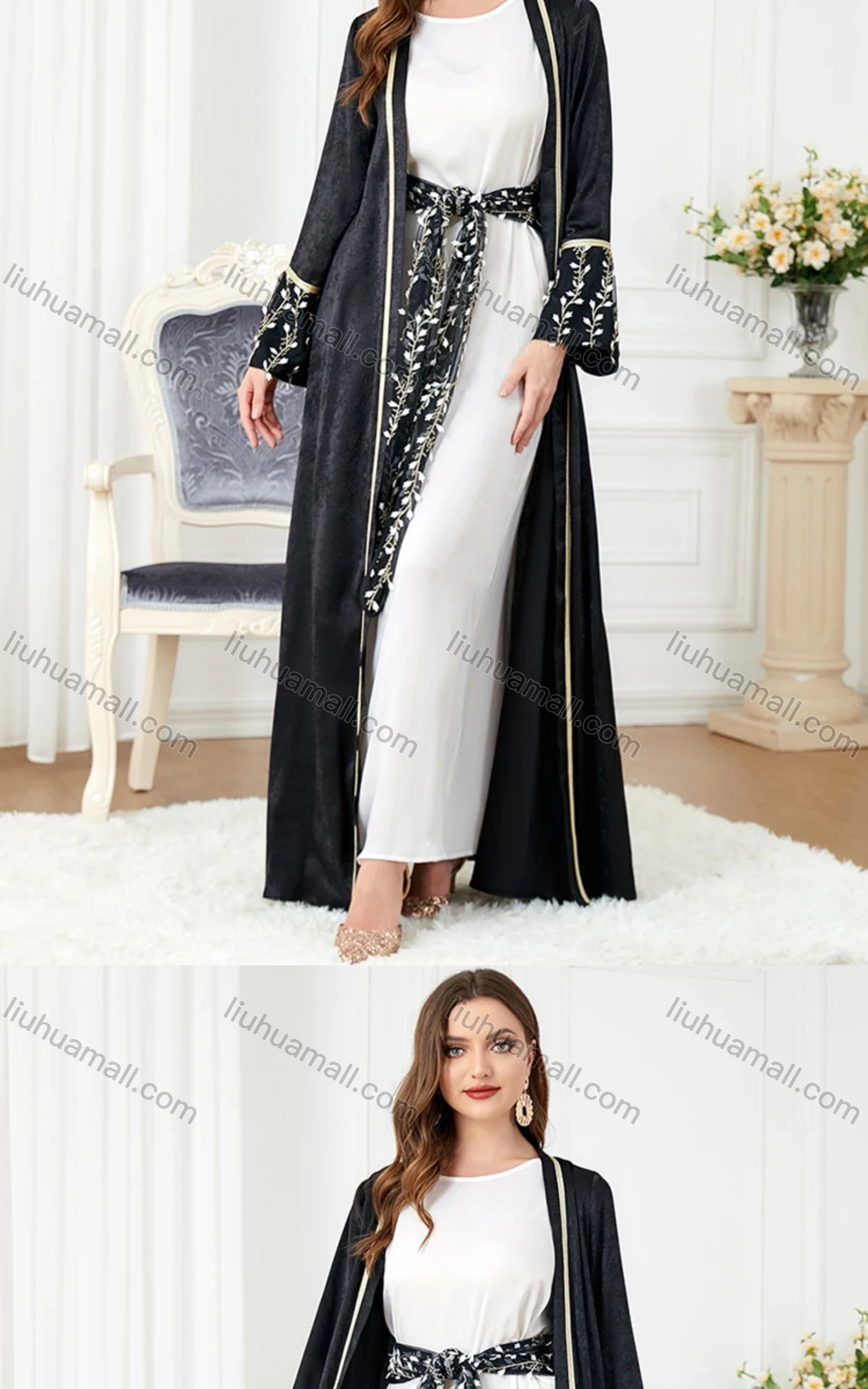 Wholesale Women's Arabic Muslim Islamic Tie Front Floral Dubai Robe Cardigan & Dress 2-piece Set 3225# - Liuhuamall