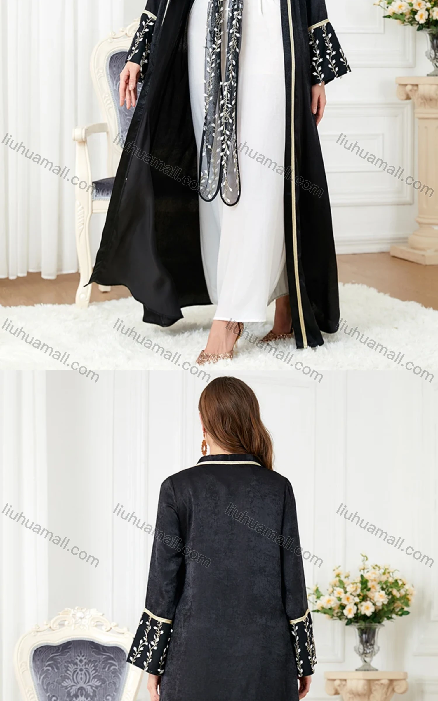 Wholesale Women's Arabic Muslim Islamic Tie Front Floral Dubai Robe Cardigan & Dress 2-piece Set 3225# - Liuhuamall