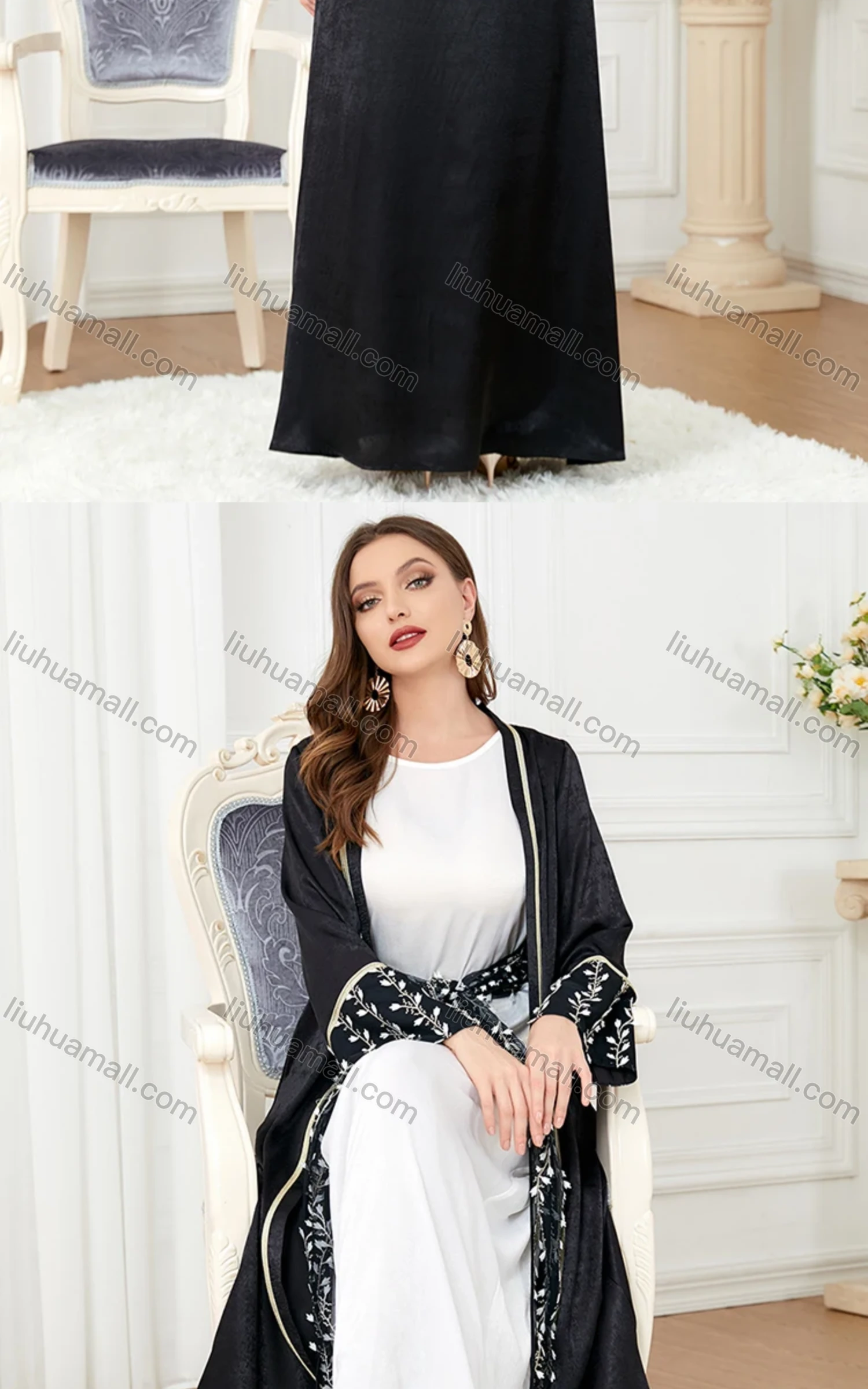 Wholesale Women's Arabic Muslim Islamic Tie Front Floral Dubai Robe Cardigan & Dress 2-piece Set 3225# - Liuhuamall