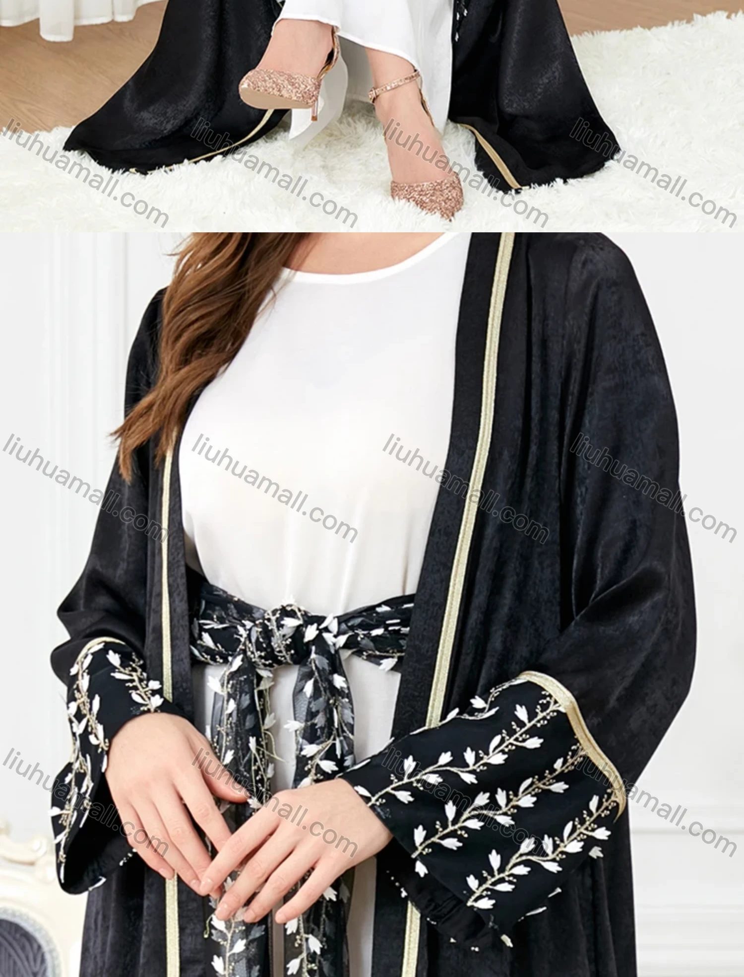 Wholesale Women's Arabic Muslim Islamic Tie Front Floral Dubai Robe Cardigan & Dress 2-piece Set 3225# - Liuhuamall