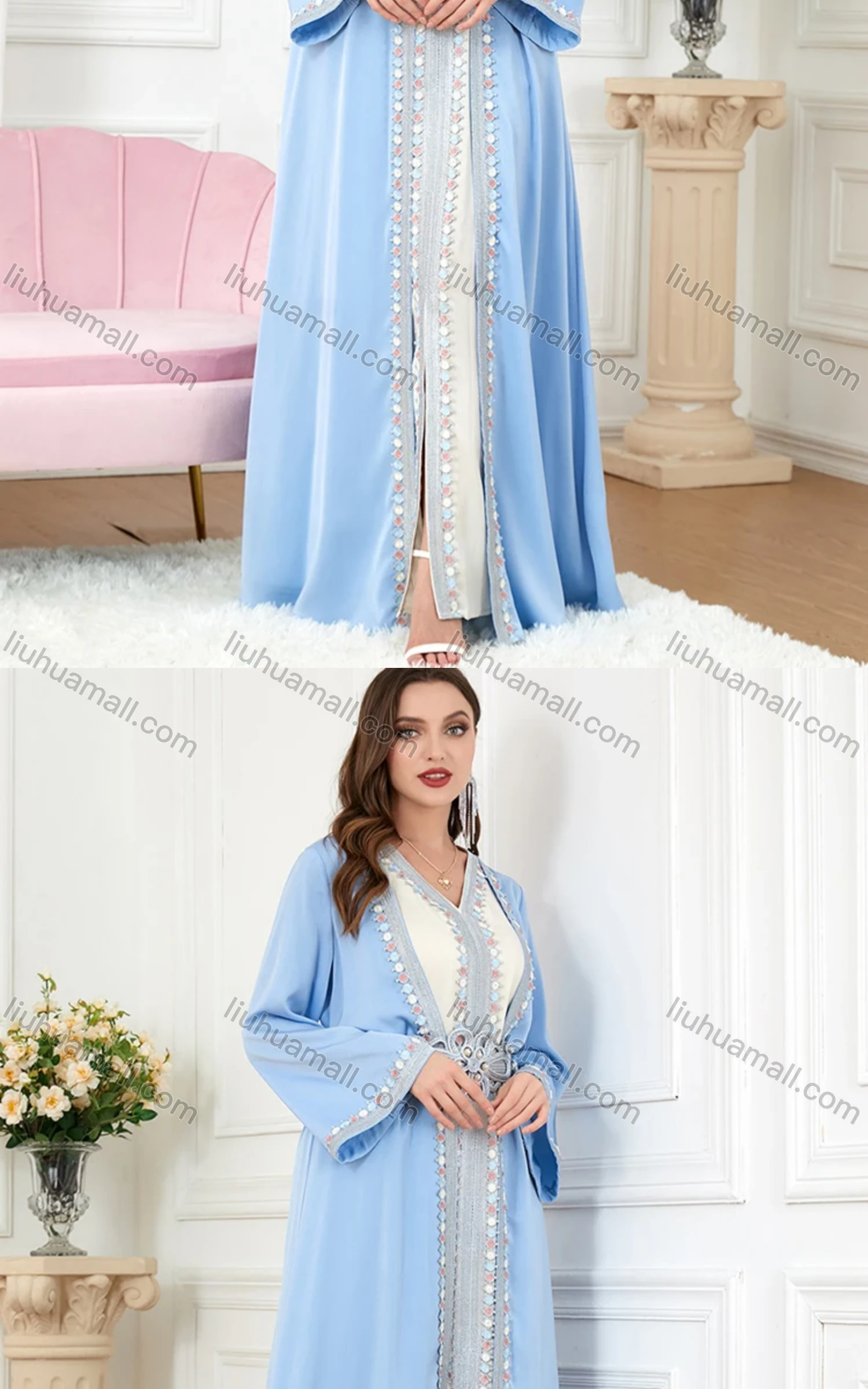Wholesale Women's Arabic Muslim Islamic Embroidered Pearl Decor Dubai Robe Cardigan & Dress 2-piece Set 3226# - Liuhuamall