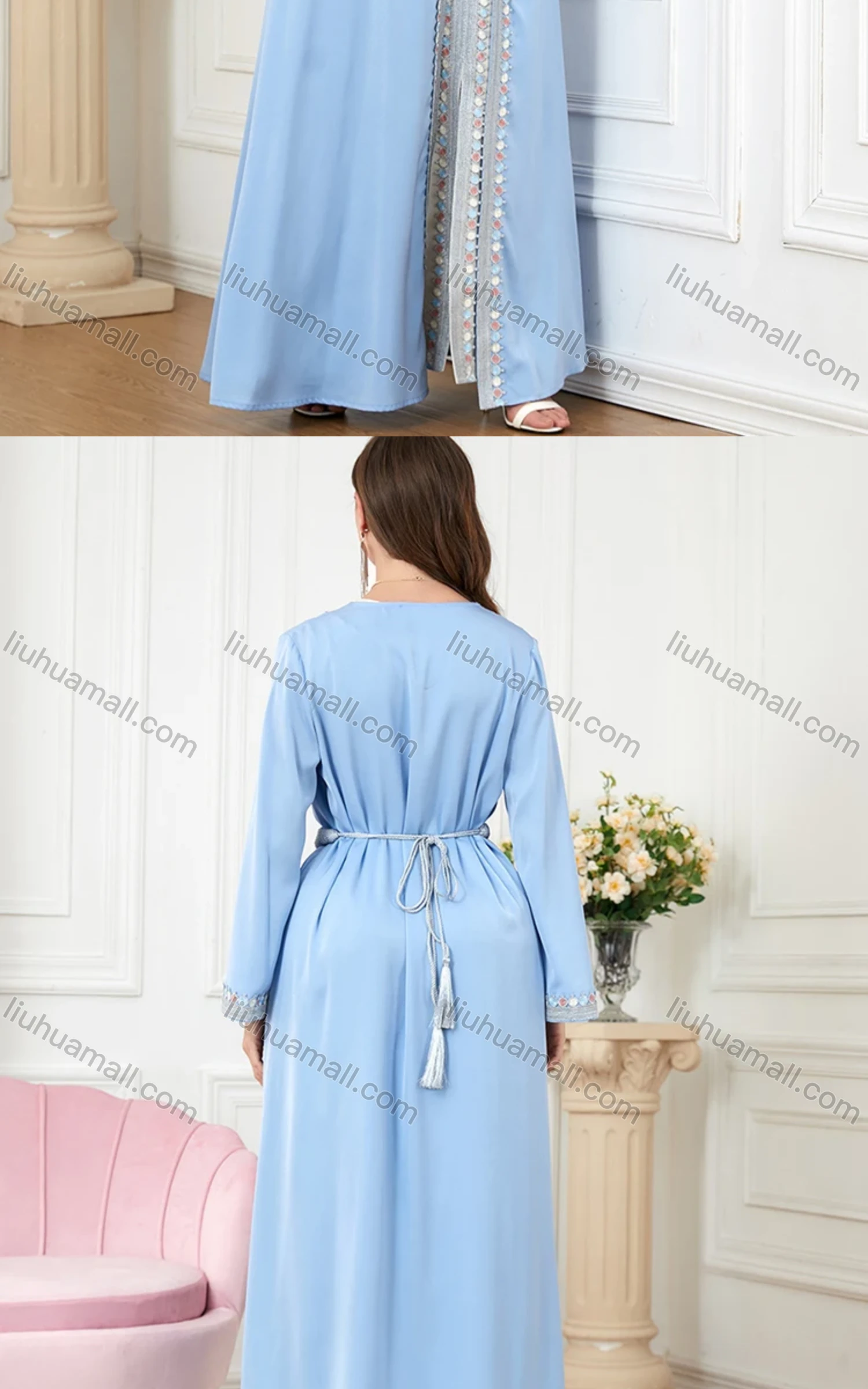 Wholesale Women's Arabic Muslim Islamic Embroidered Pearl Decor Dubai Robe Cardigan & Dress 2-piece Set 3226# - Liuhuamall