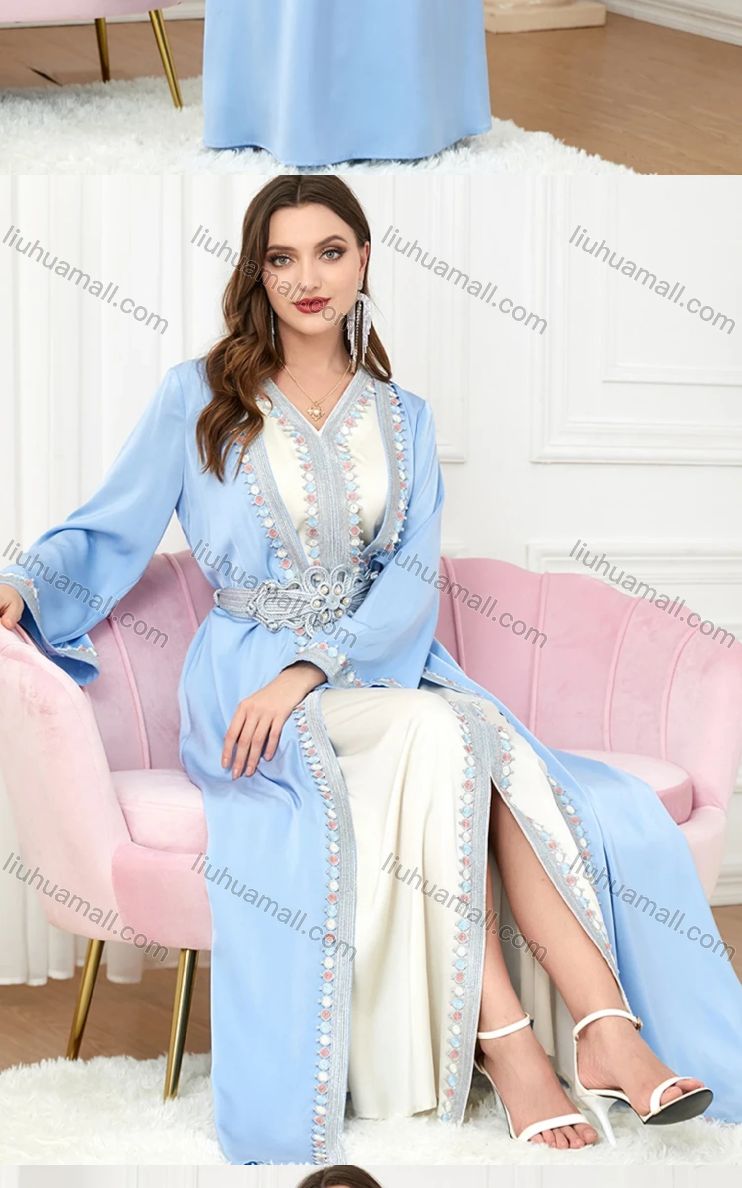 Wholesale Women's Arabic Muslim Islamic Embroidered Pearl Decor Dubai Robe Cardigan & Dress 2-piece Set 3226# - Liuhuamall
