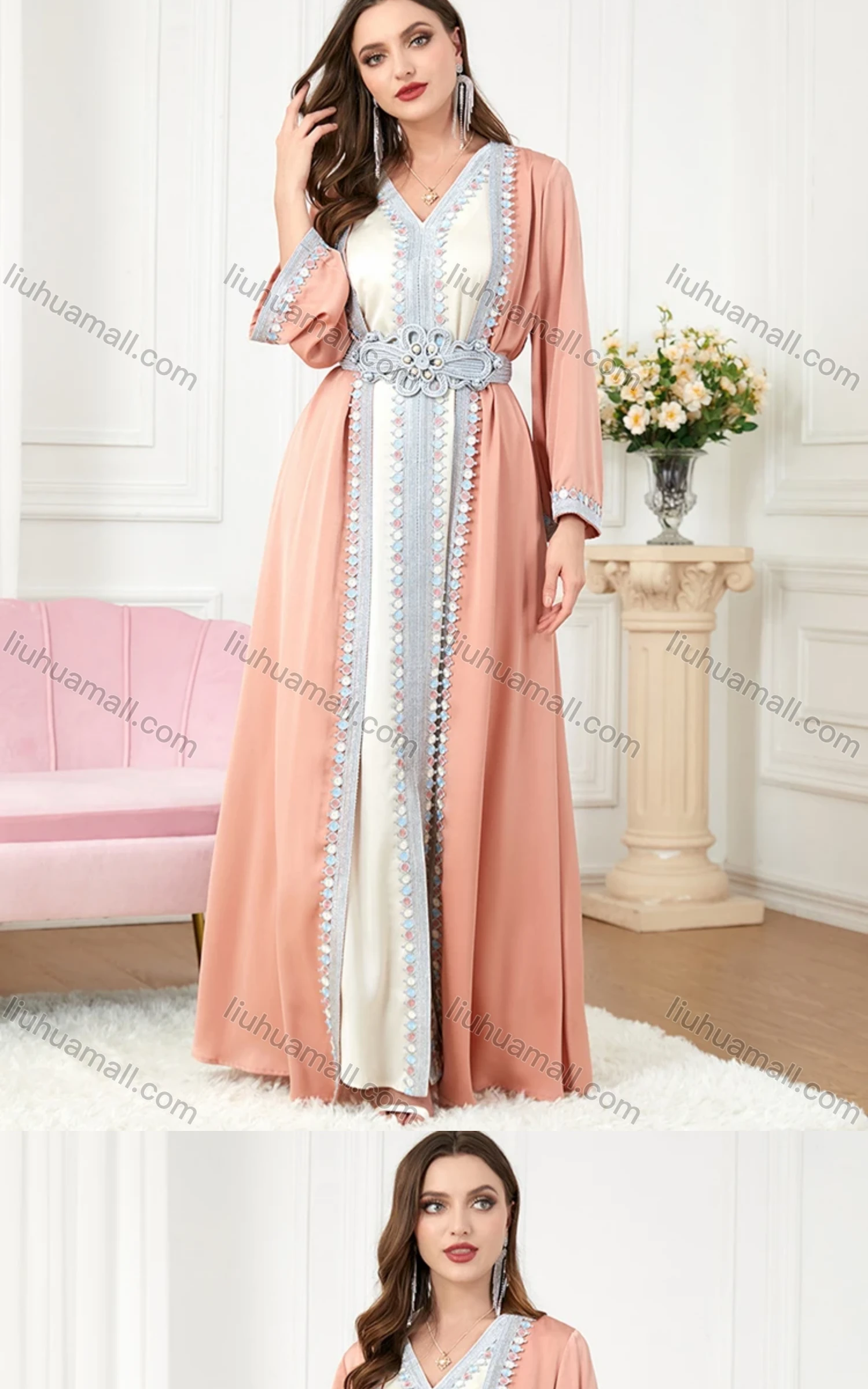 Wholesale Women's Arabic Muslim Islamic Embroidered Pearl Decor Dubai Robe Cardigan & Dress 2-piece Set 3226# - Liuhuamall