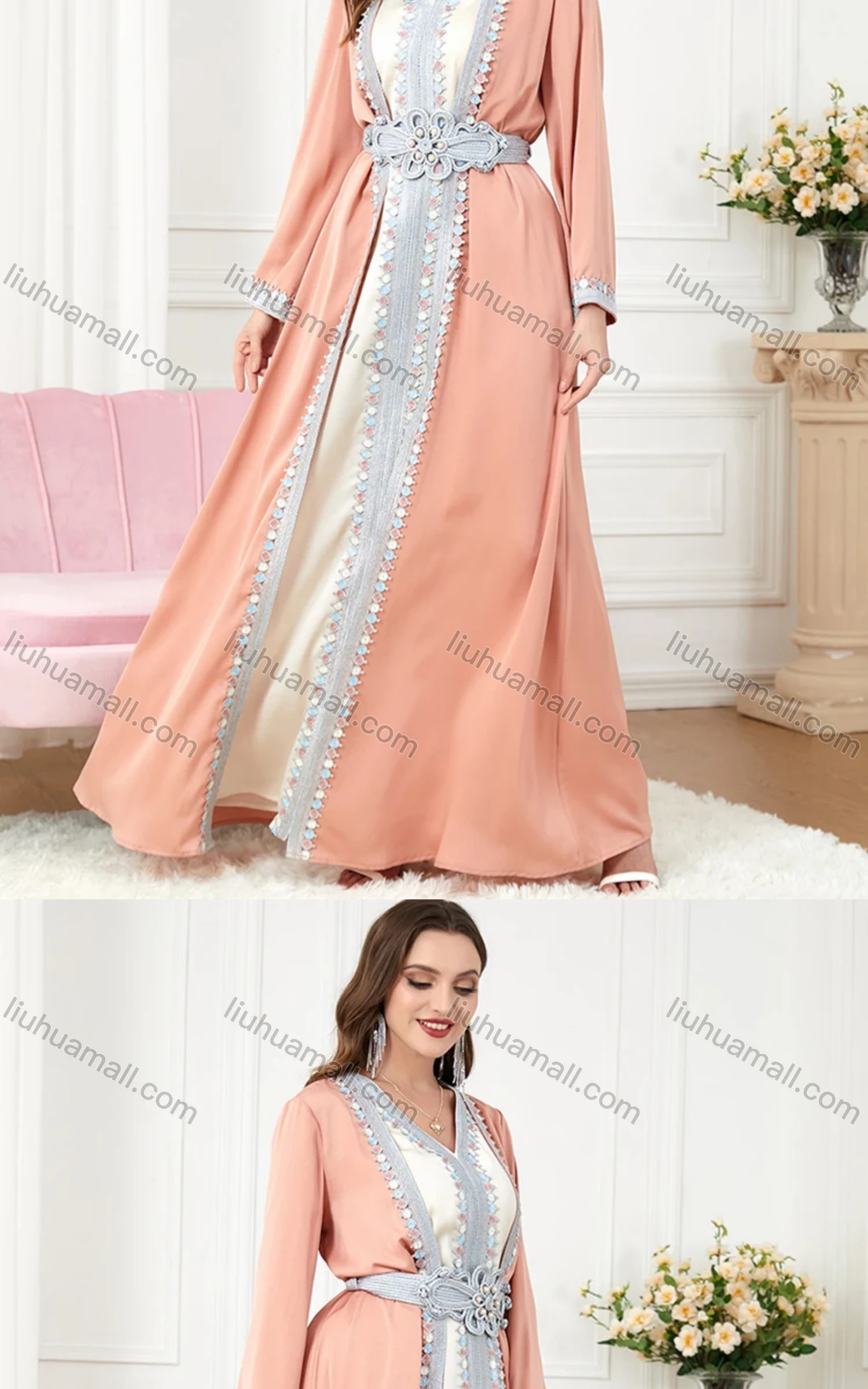 Wholesale Women's Arabic Muslim Islamic Embroidered Pearl Decor Dubai Robe Cardigan & Dress 2-piece Set 3226# - Liuhuamall