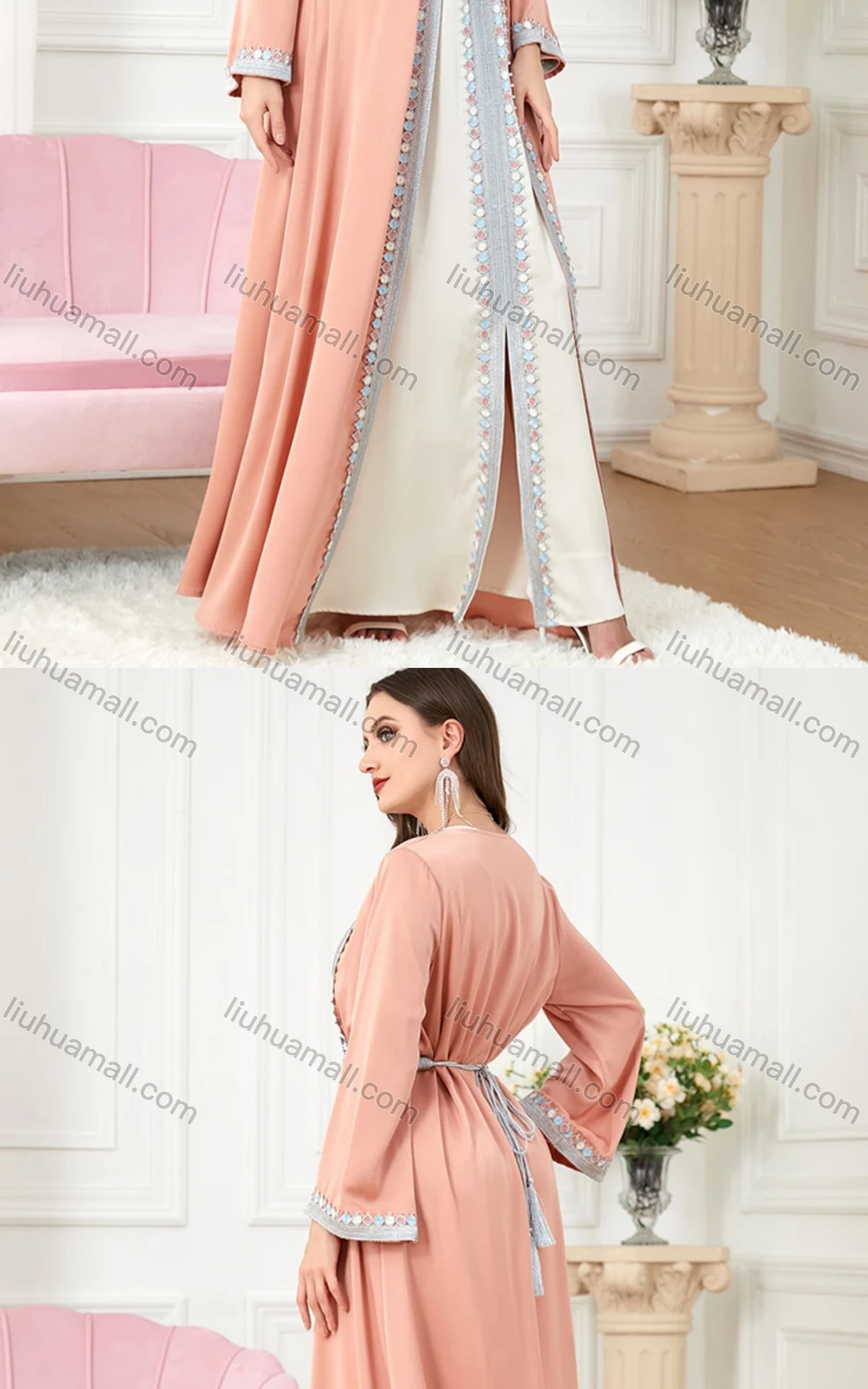 Wholesale Women's Arabic Muslim Islamic Embroidered Pearl Decor Dubai Robe Cardigan & Dress 2-piece Set 3226# - Liuhuamall