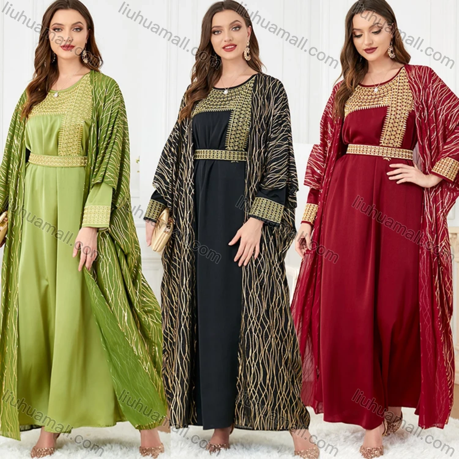 Wholesale Women's Muslim Islamic Embroidery Striped Robe Cardigan & Dress 2-piece Set 3241# - Liuhuamall