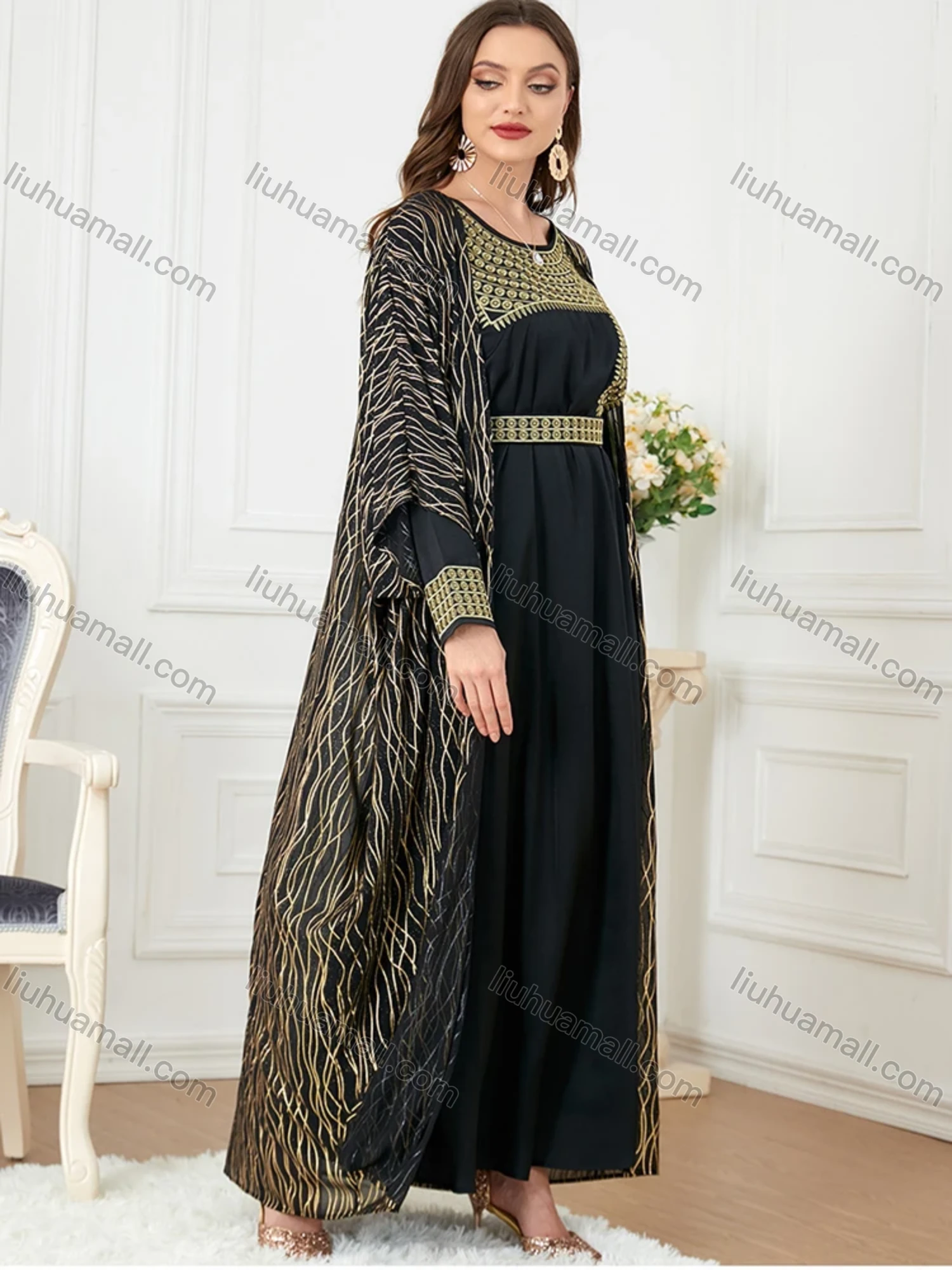 Wholesale Women's Muslim Islamic Embroidery Striped Robe Cardigan & Dress 2-piece Set 3241# - Liuhuamall