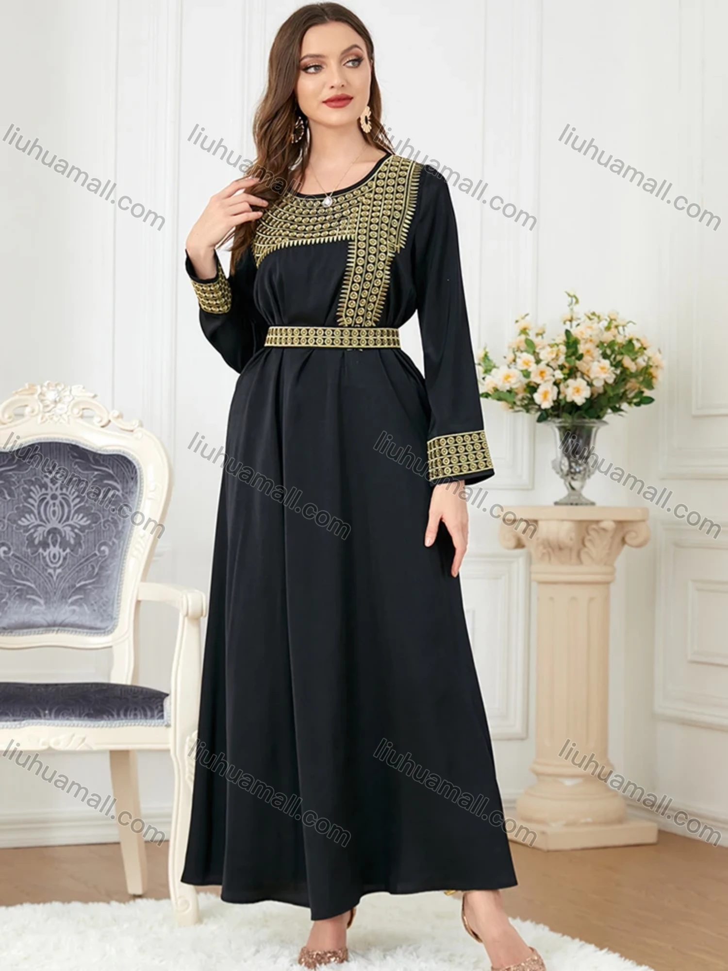 Wholesale Women's Muslim Islamic Embroidery Striped Robe Cardigan & Dress 2-piece Set 3241# - Liuhuamall