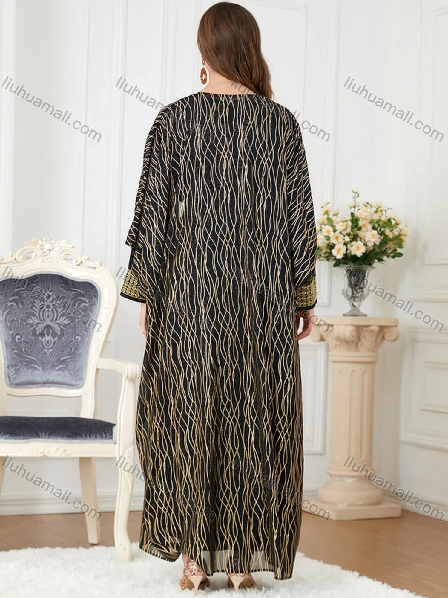 Wholesale Women's Muslim Islamic Embroidery Striped Robe Cardigan & Dress 2-piece Set 3241# - Liuhuamall