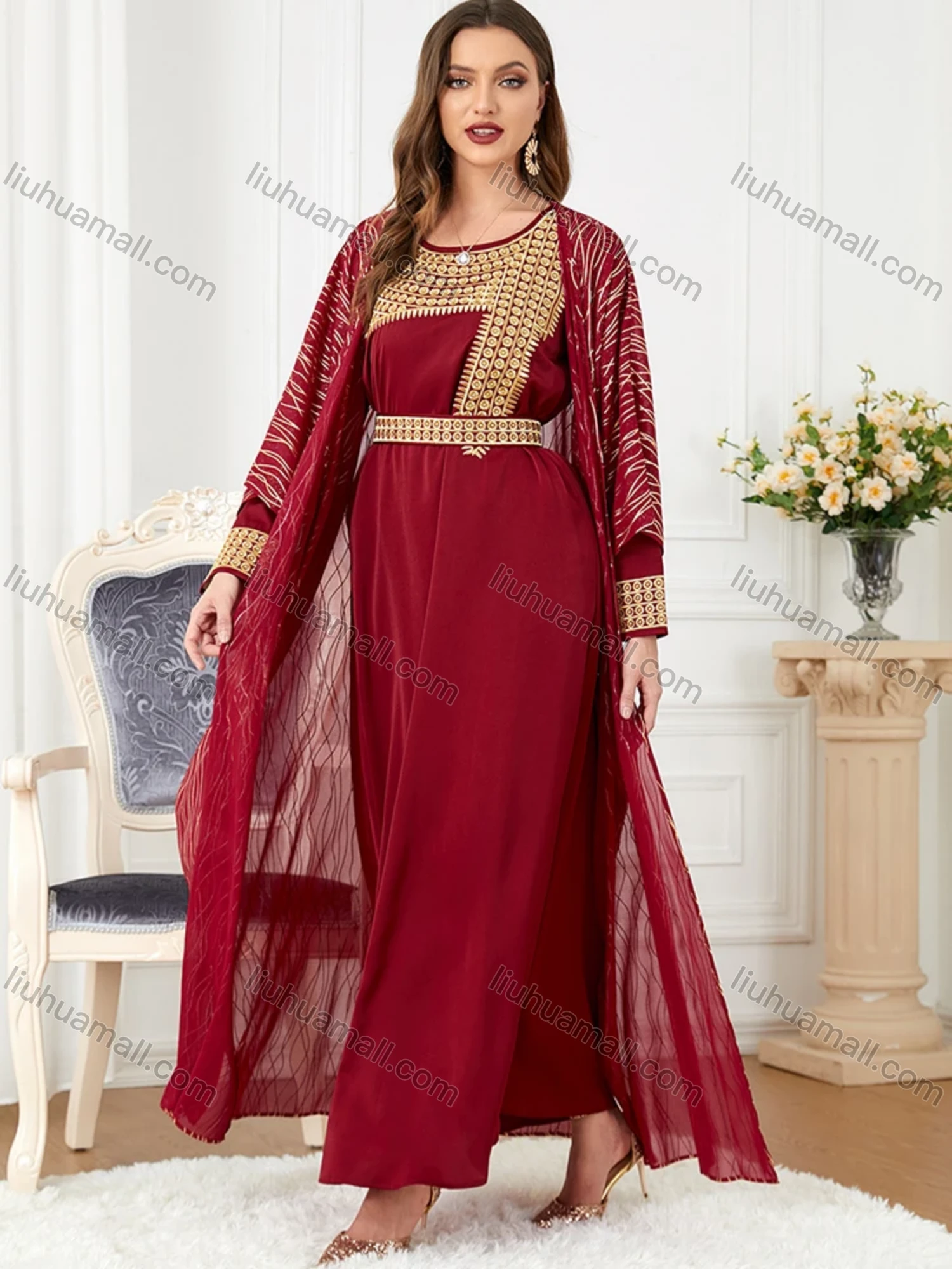 Wholesale Women's Muslim Islamic Embroidery Striped Robe Cardigan & Dress 2-piece Set 3241# - Liuhuamall