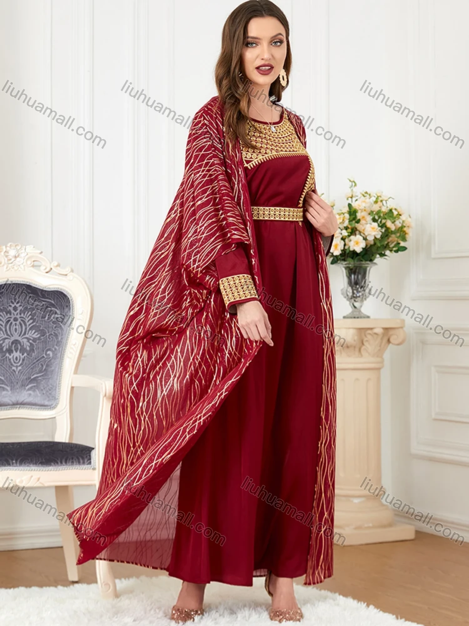 Wholesale Women's Muslim Islamic Embroidery Striped Robe Cardigan & Dress 2-piece Set 3241# - Liuhuamall