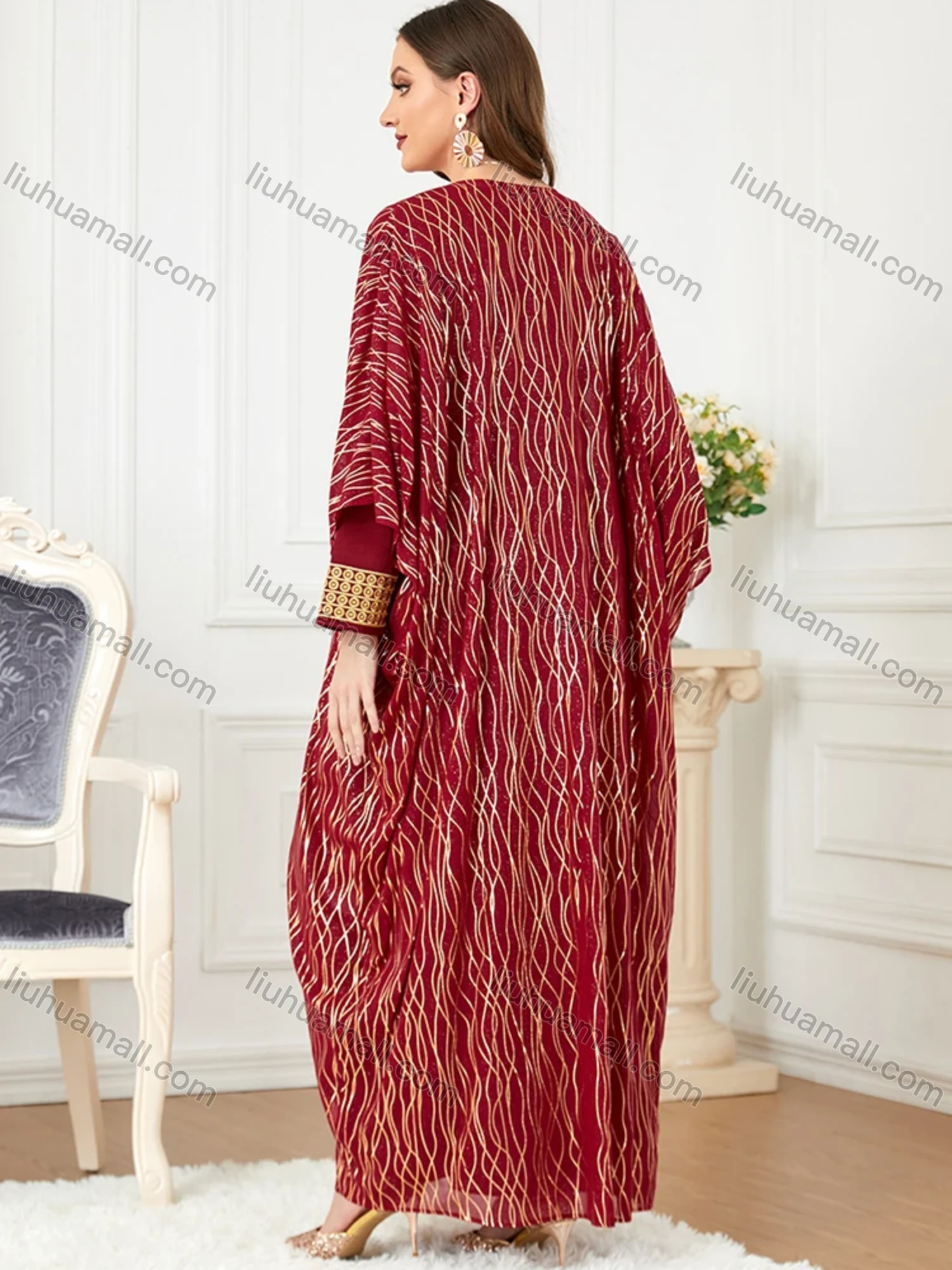 Wholesale Women's Muslim Islamic Embroidery Striped Robe Cardigan & Dress 2-piece Set 3241# - Liuhuamall