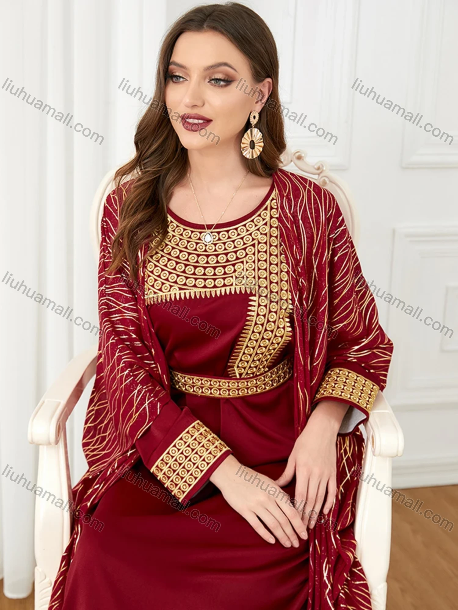 Wholesale Women's Muslim Islamic Embroidery Striped Robe Cardigan & Dress 2-piece Set 3241# - Liuhuamall