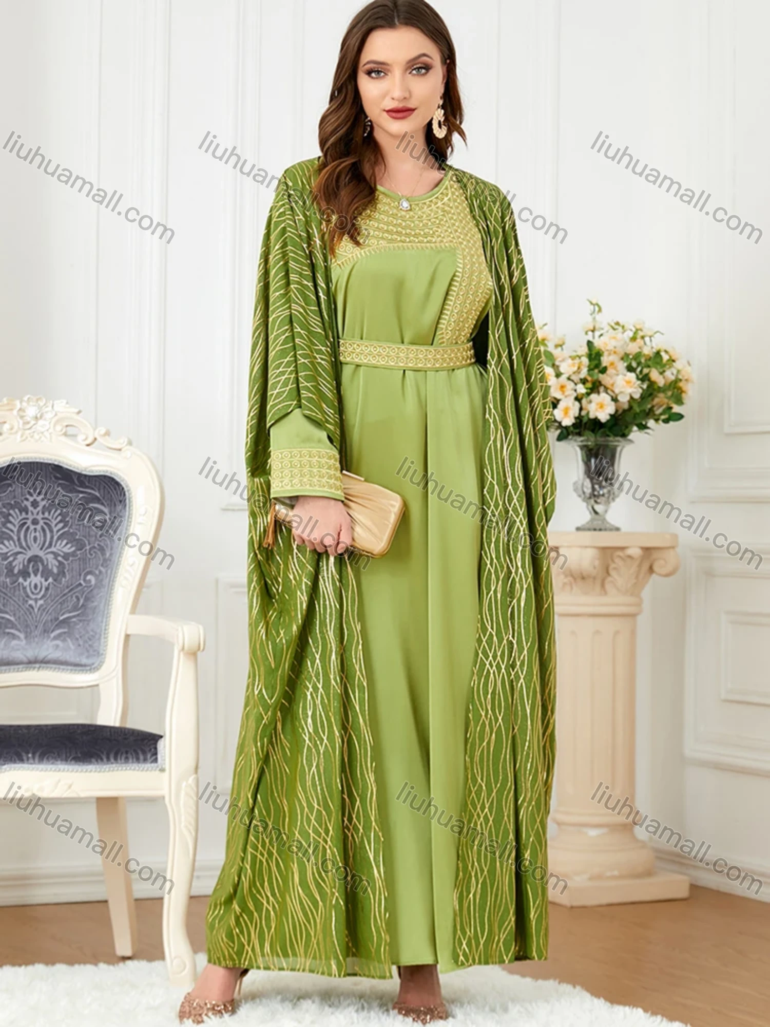 Wholesale Women's Muslim Islamic Embroidery Striped Robe Cardigan & Dress 2-piece Set 3241# - Liuhuamall