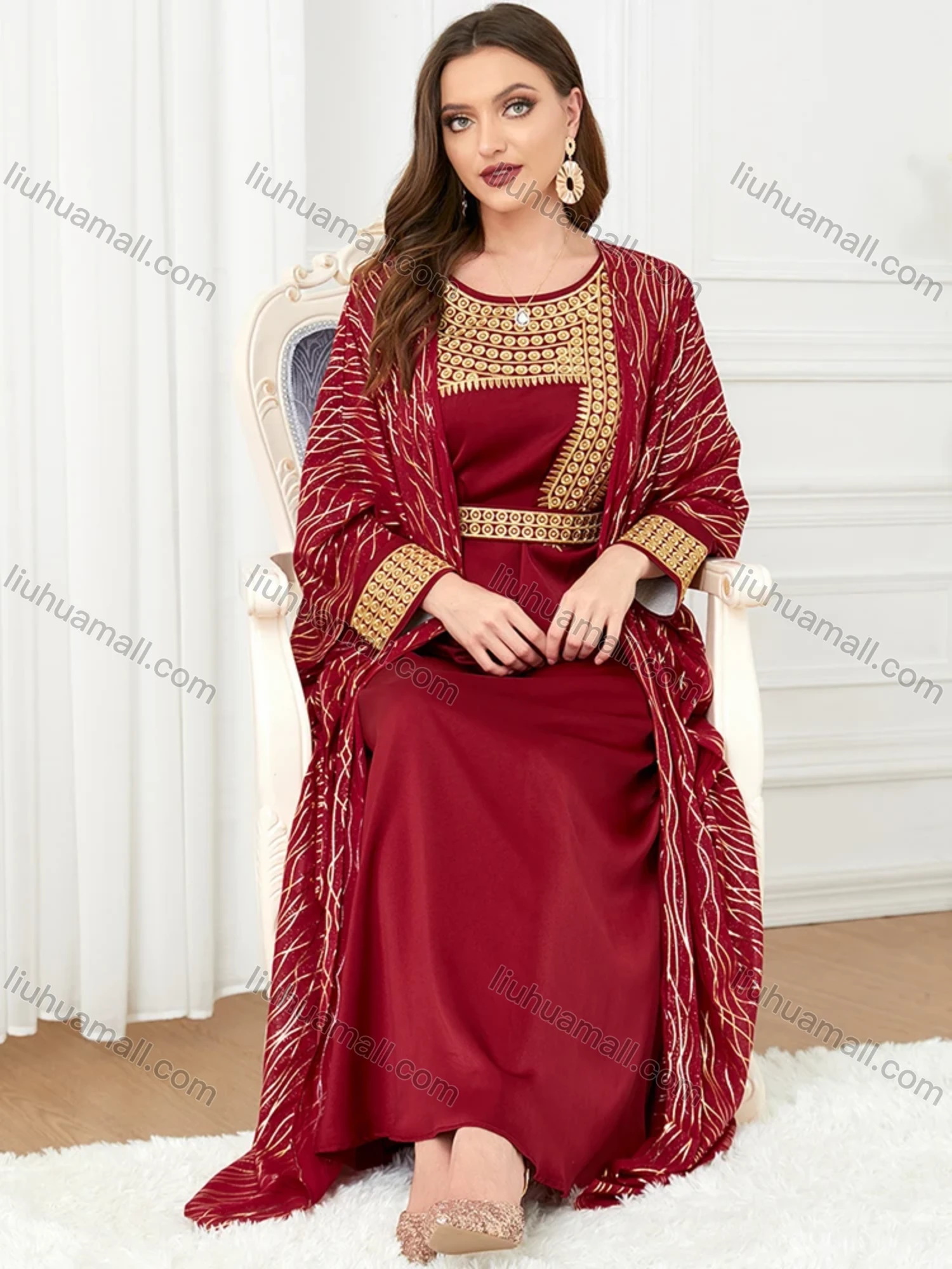 Wholesale Women's Muslim Islamic Embroidery Striped Robe Cardigan & Dress 2-piece Set 3241# - Liuhuamall