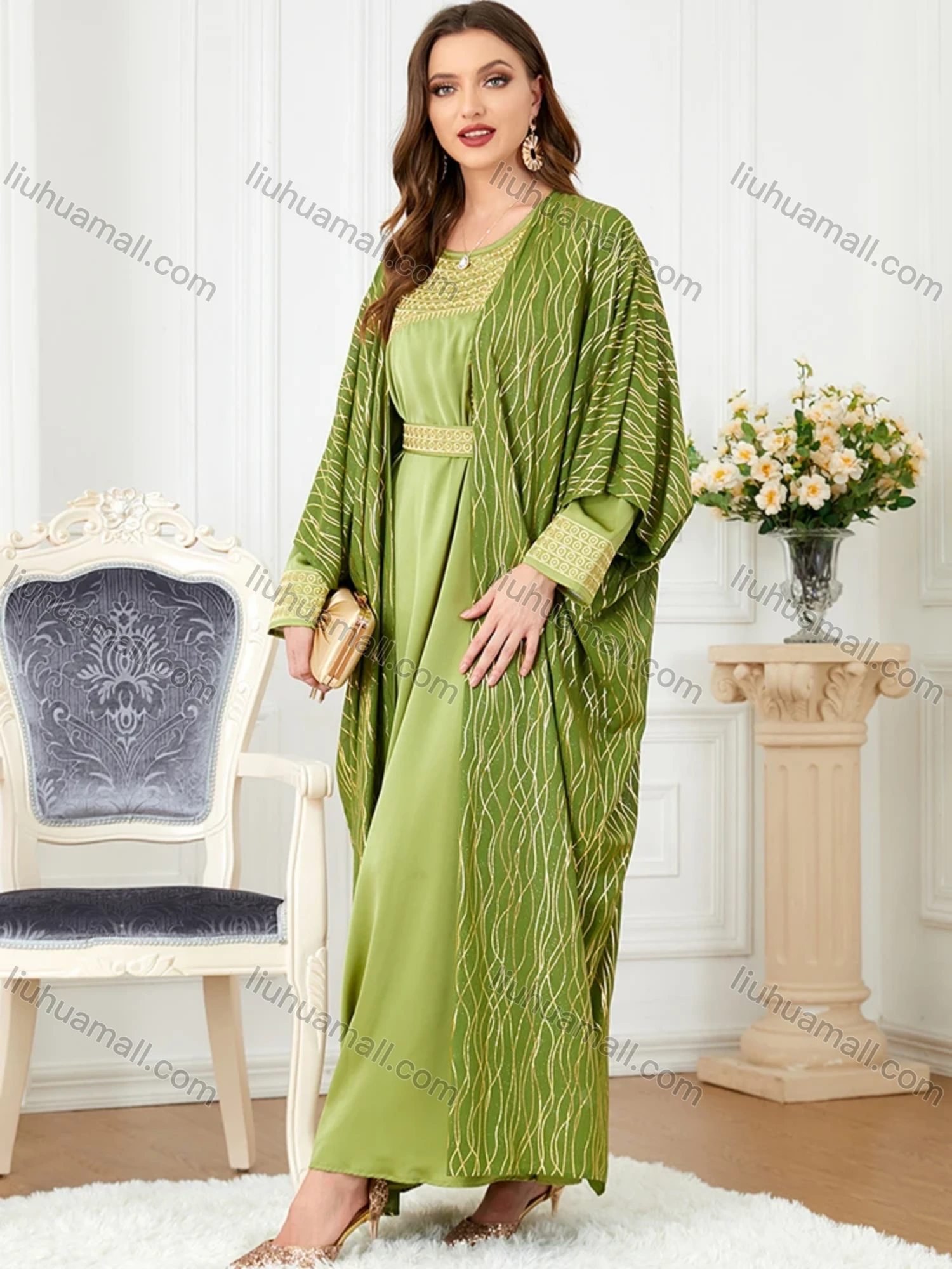 Wholesale Women's Muslim Islamic Embroidery Striped Robe Cardigan & Dress 2-piece Set 3241# - Liuhuamall