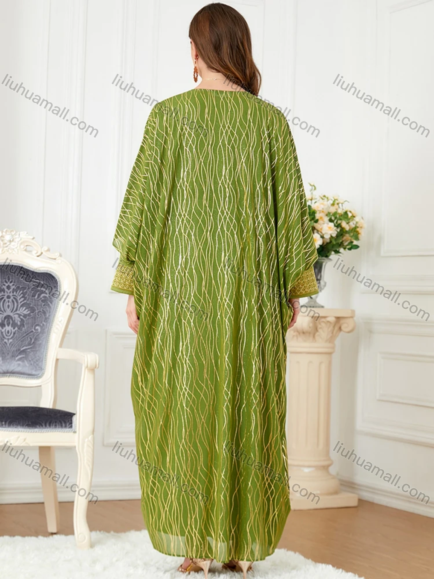 Wholesale Women's Muslim Islamic Embroidery Striped Robe Cardigan & Dress 2-piece Set 3241# - Liuhuamall