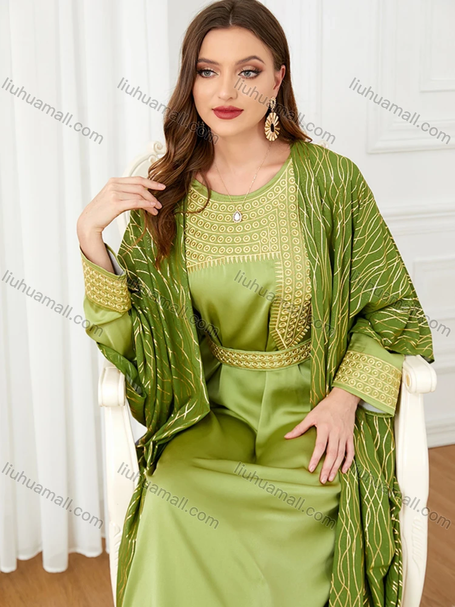 Wholesale Women's Muslim Islamic Embroidery Striped Robe Cardigan & Dress 2-piece Set 3241# - Liuhuamall