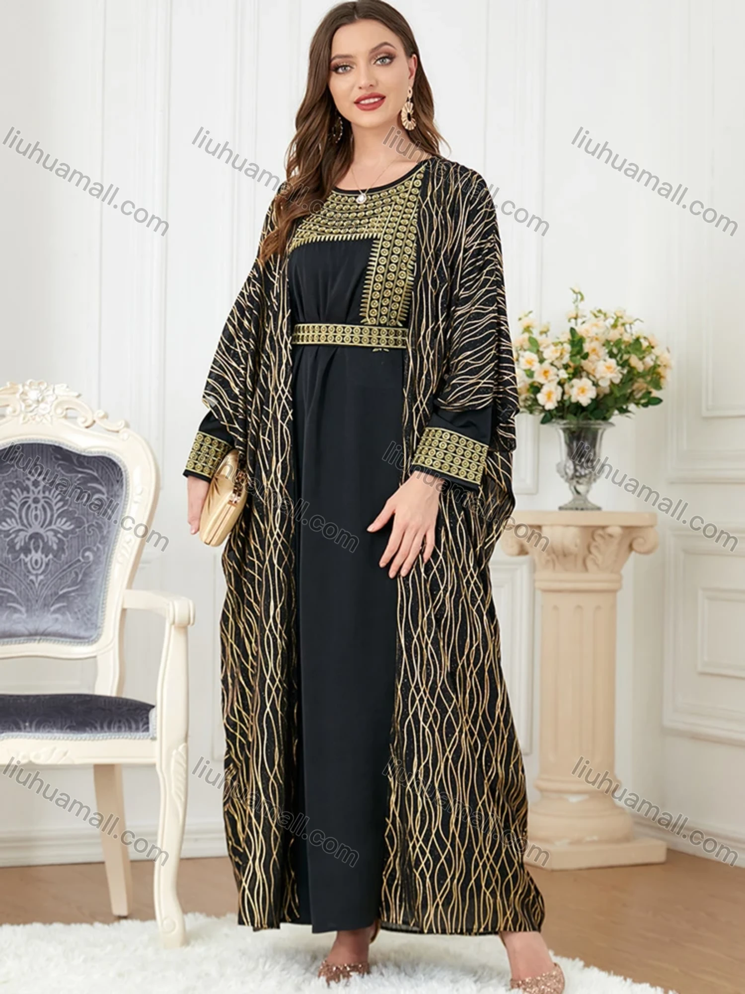Wholesale Women's Muslim Islamic Embroidery Striped Robe Cardigan & Dress 2-piece Set 3241# - Liuhuamall