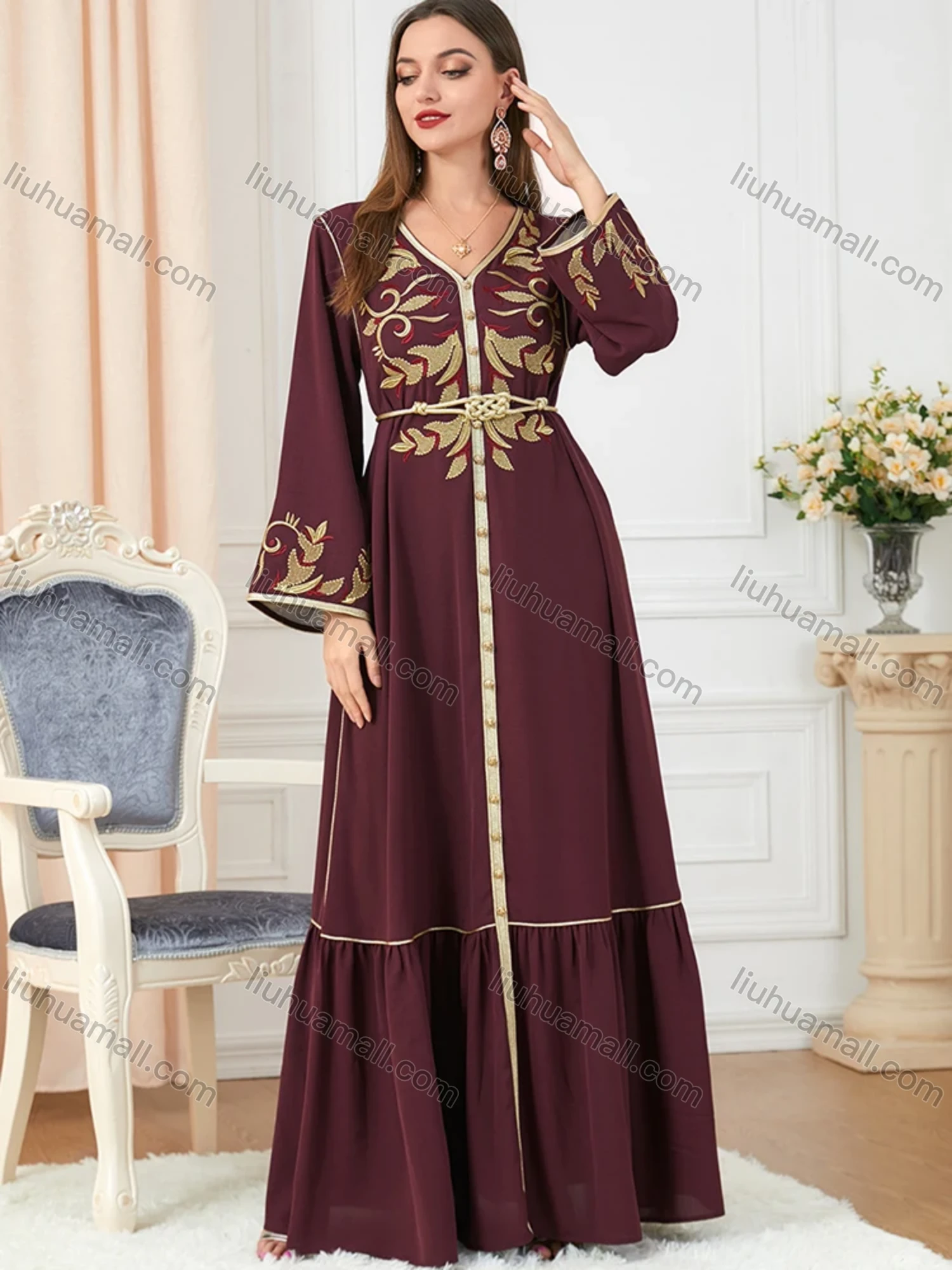 Wholesale Women's Arabic Muslim Islamic V Neck Gold Thread Dubai Embroidery Abaya Maxi Dress 3250# - Liuhuamall