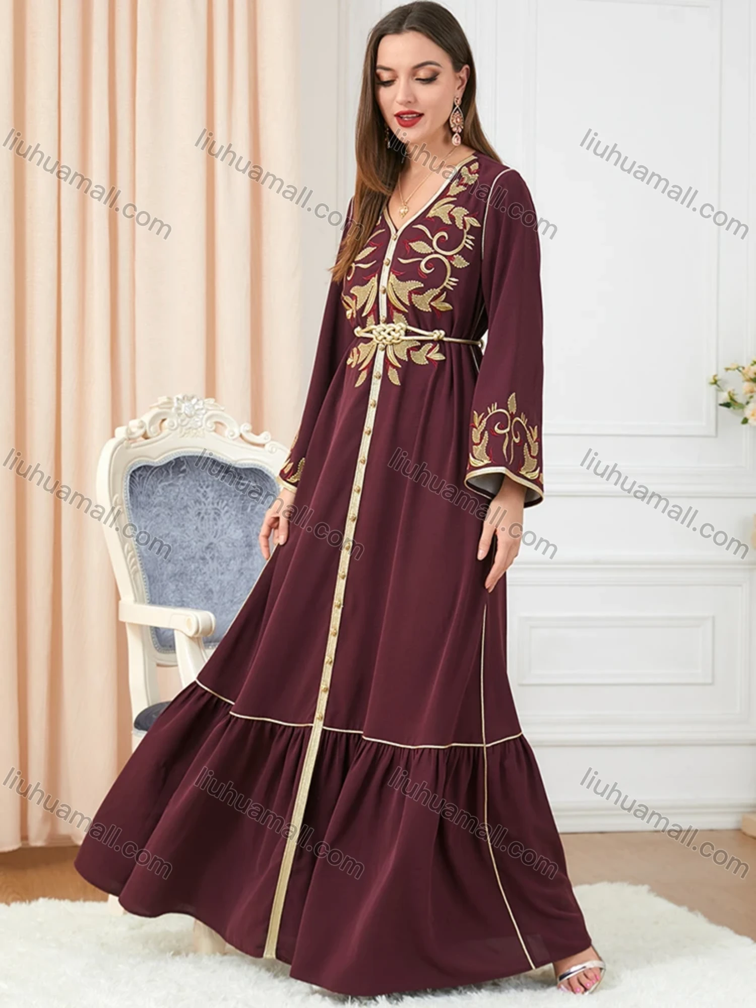 Wholesale Women's Arabic Muslim Islamic V Neck Gold Thread Dubai Embroidery Abaya Maxi Dress 3250# - Liuhuamall