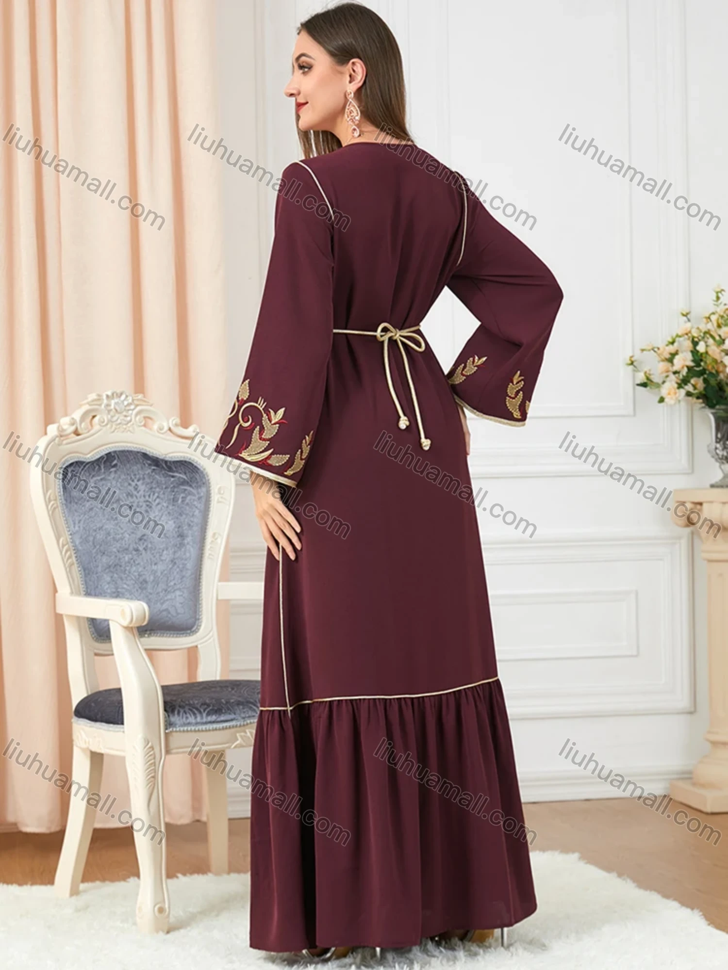 Wholesale Women's Arabic Muslim Islamic V Neck Gold Thread Dubai Embroidery Abaya Maxi Dress 3250# - Liuhuamall