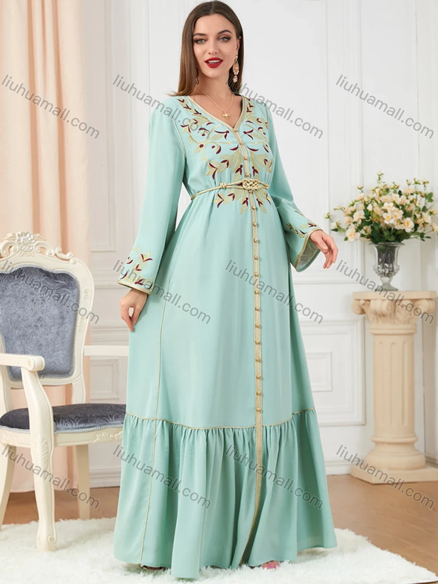Wholesale Women's Arabic Muslim Islamic V Neck Gold Thread Dubai Embroidery Abaya Maxi Dress 3250# - Liuhuamall