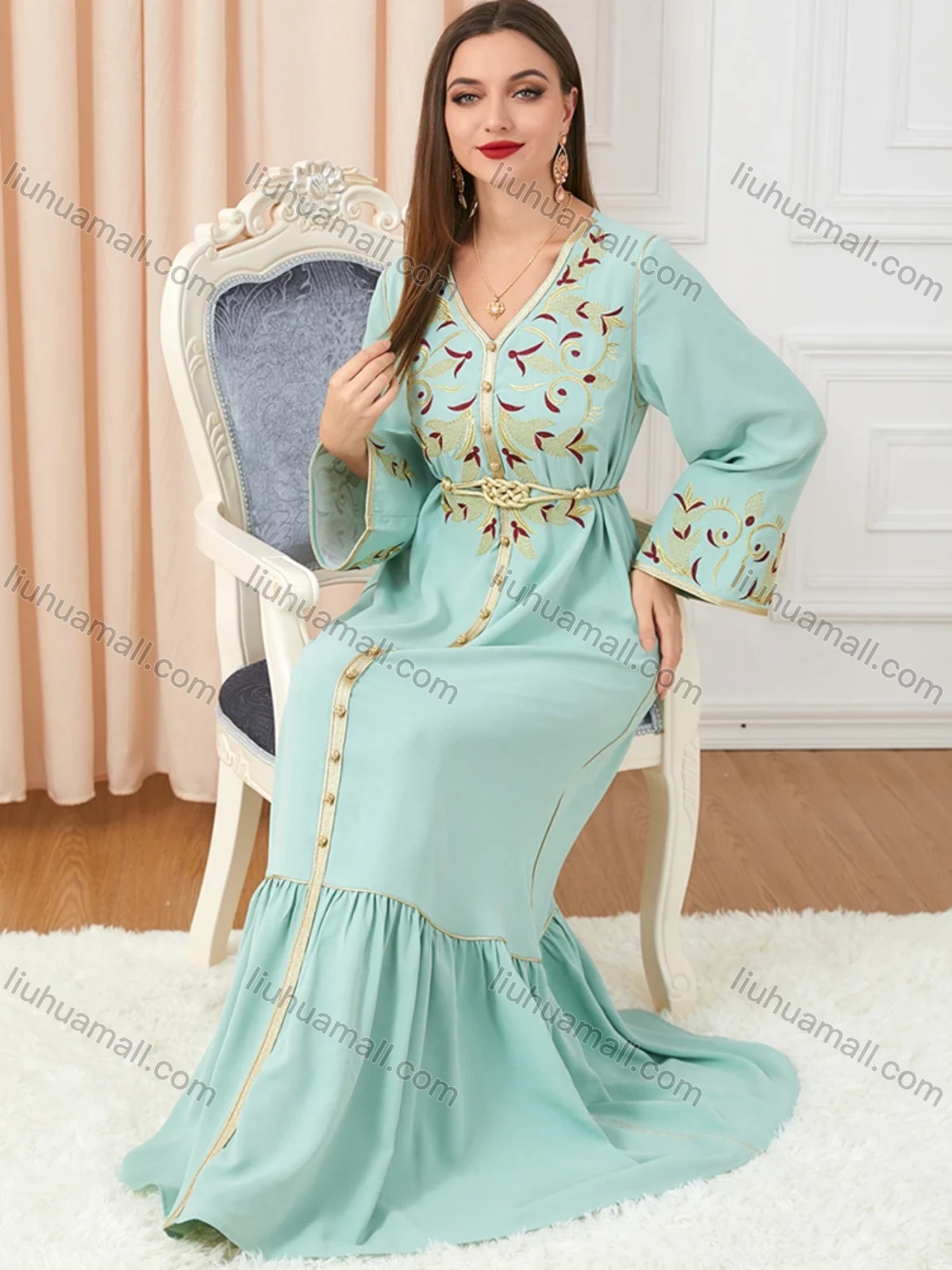 Wholesale Women's Arabic Muslim Islamic V Neck Gold Thread Dubai Embroidery Abaya Maxi Dress 3250# - Liuhuamall