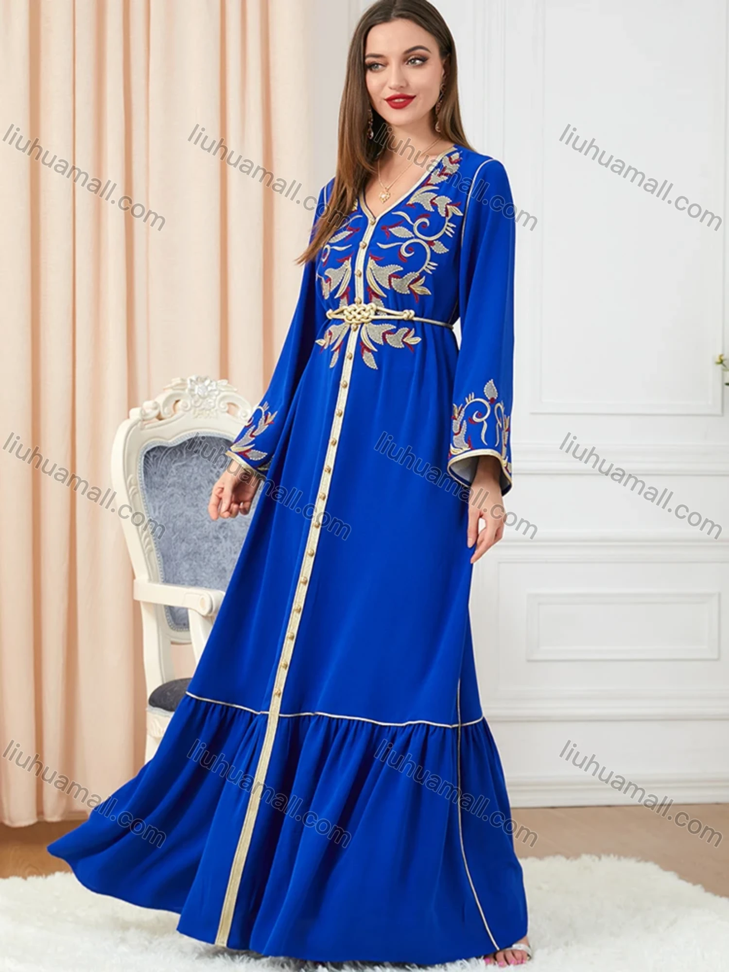 Wholesale Women's Arabic Muslim Islamic V Neck Gold Thread Dubai Embroidery Abaya Maxi Dress 3250# - Liuhuamall