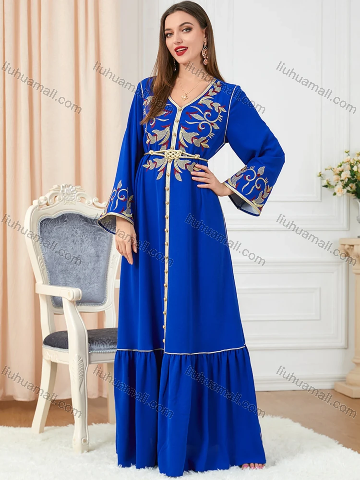 Wholesale Women's Arabic Muslim Islamic V Neck Gold Thread Dubai Embroidery Abaya Maxi Dress 3250# - Liuhuamall