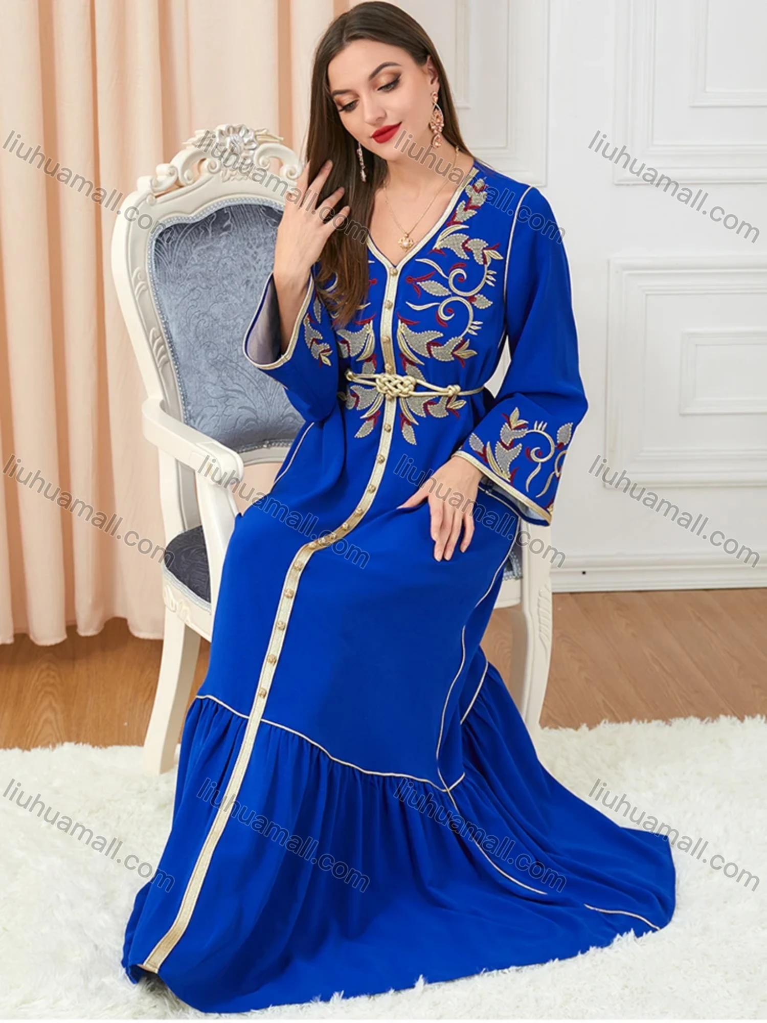 Wholesale Women's Arabic Muslim Islamic V Neck Gold Thread Dubai Embroidery Abaya Maxi Dress 3250# - Liuhuamall