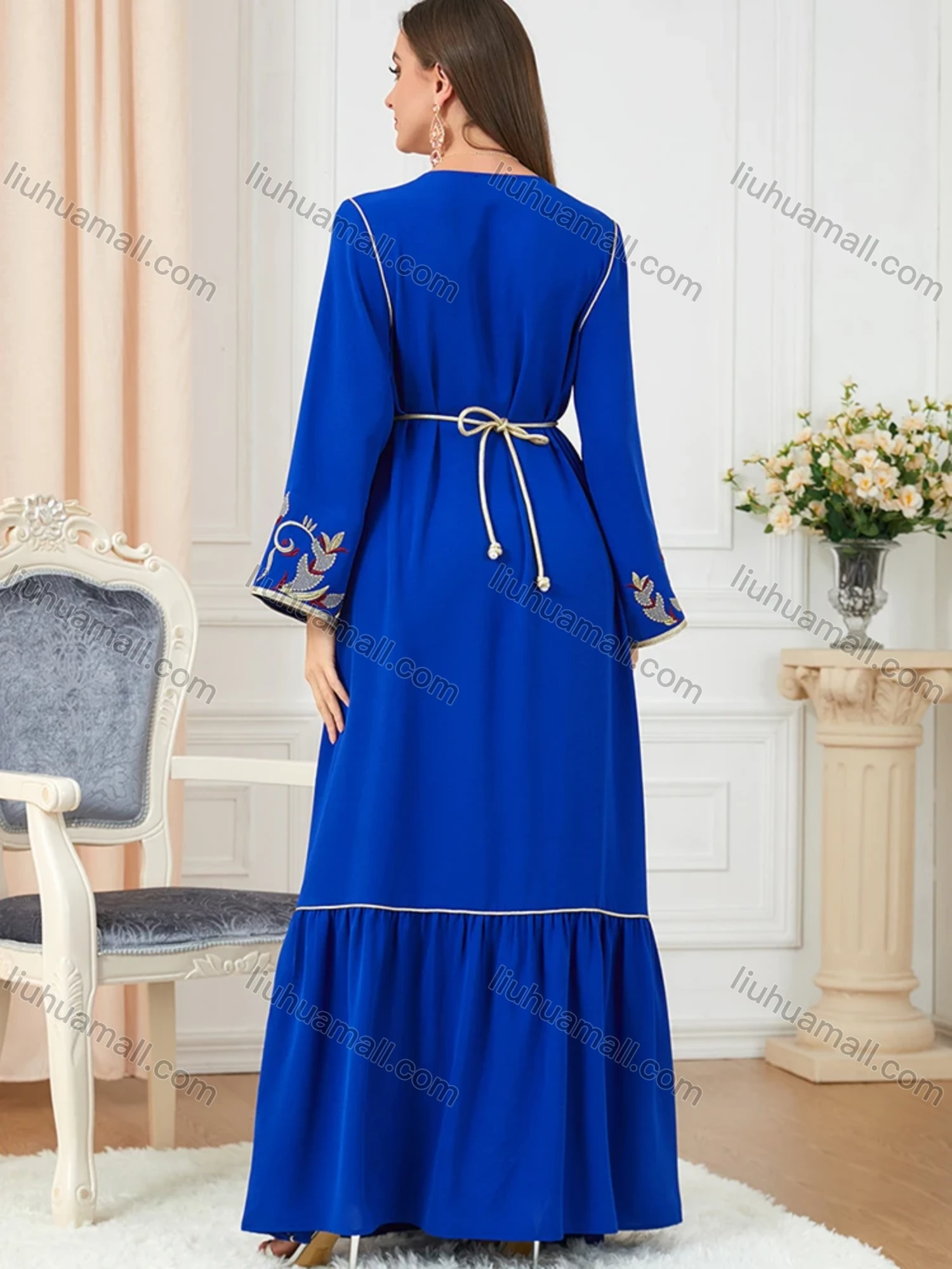 Wholesale Women's Arabic Muslim Islamic V Neck Gold Thread Dubai Embroidery Abaya Maxi Dress 3250# - Liuhuamall