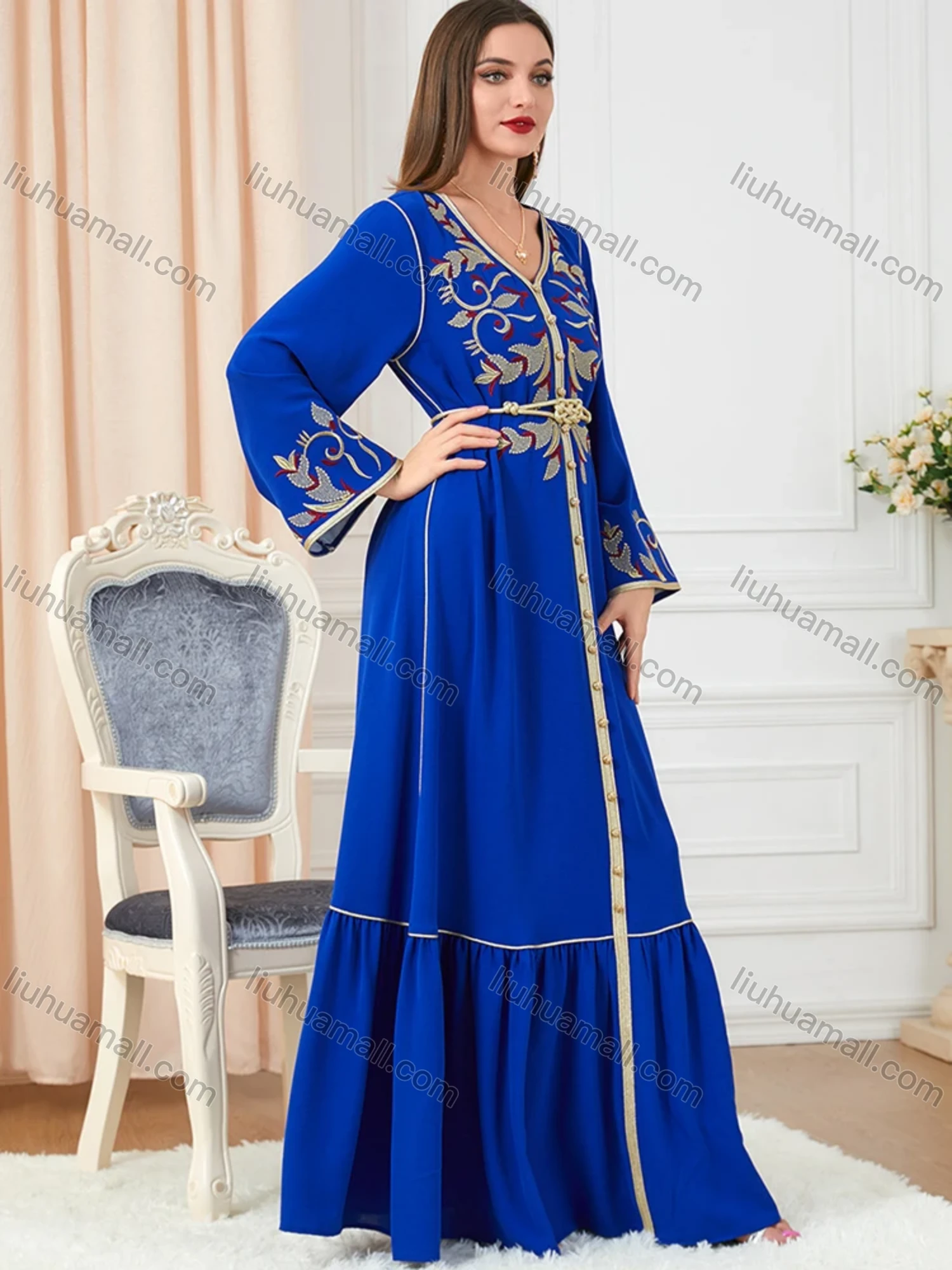 Wholesale Women's Arabic Muslim Islamic V Neck Gold Thread Dubai Embroidery Abaya Maxi Dress 3250# - Liuhuamall